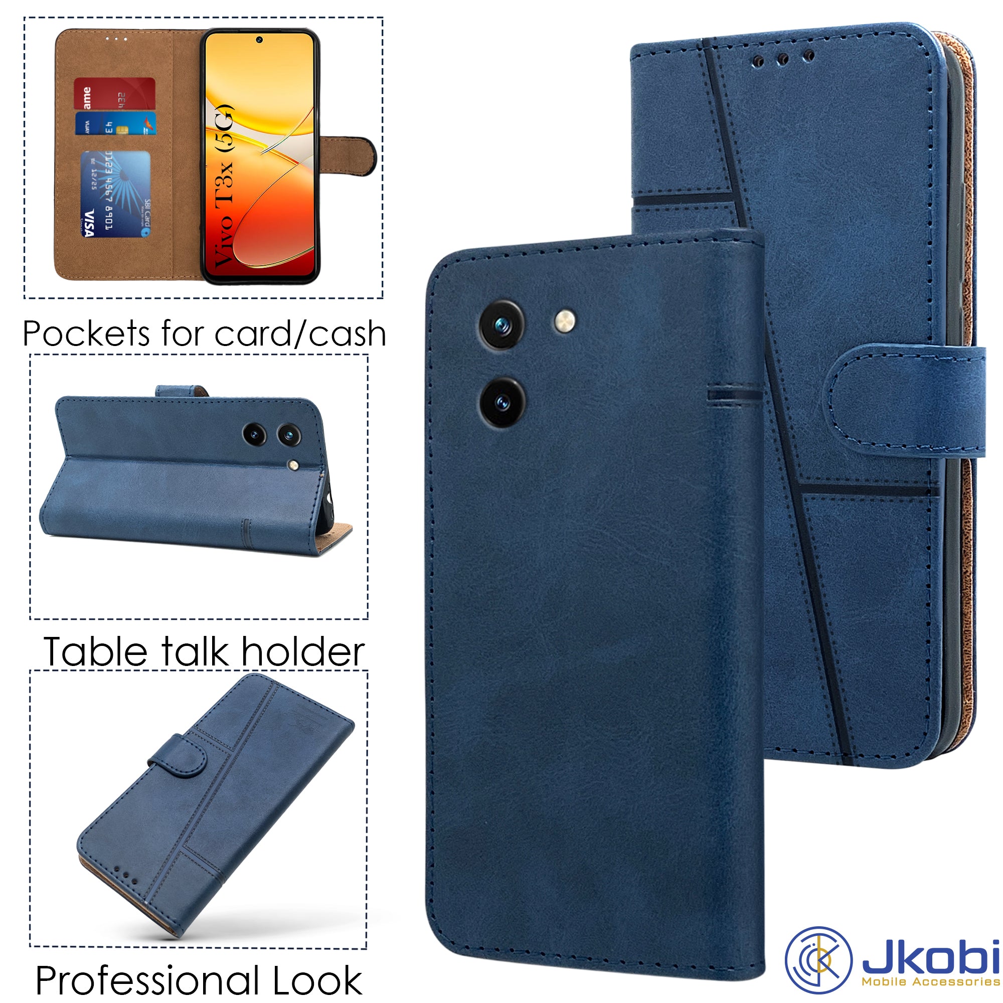 For Vivo T3x 5G Flip Cover Case (Stitched Leather with Magnetic Closure)
