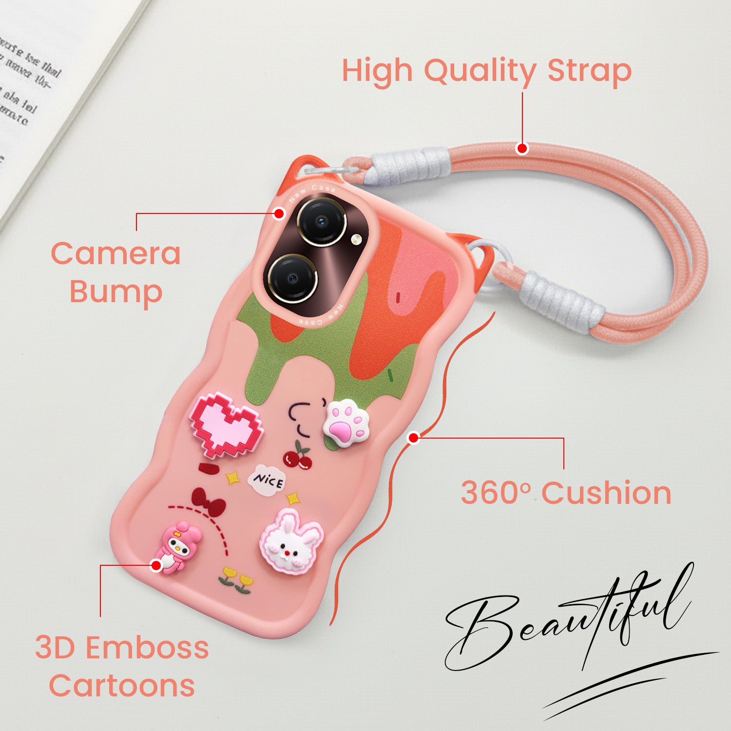 For Vivo iQOO Z9 Lite Back Case Cover Strap (3D embossed Figures | Strap Holder | 360* Soft Cushion with Camera Bump)