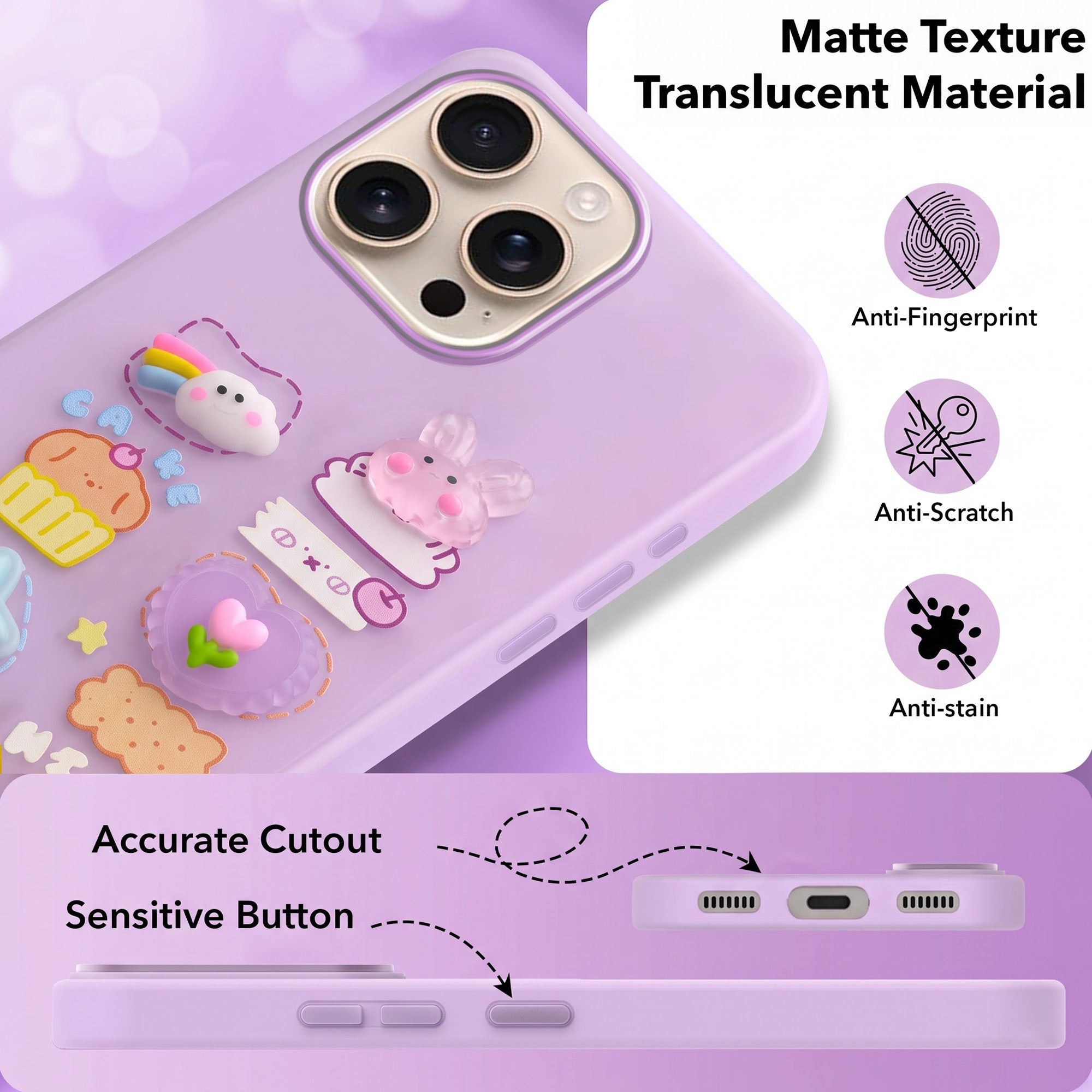 For Apple iPhone 16 Pro Max Back Cover Case (3D Cute Cartoons | Hard Back Side Soft | Matte Premium Finish | HD Printing)