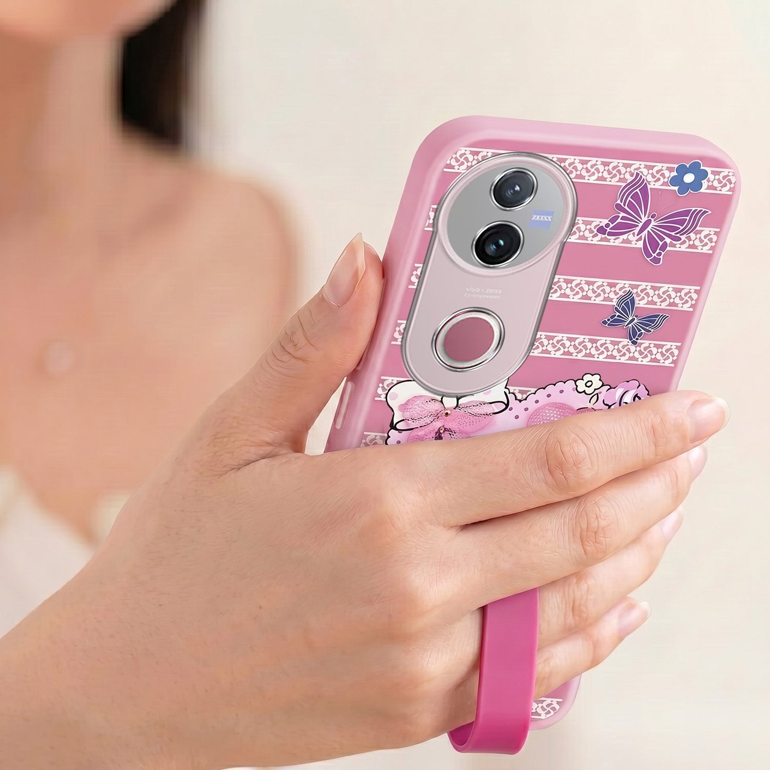 For Vivo V50 | Vivo V50e Back Cover Case (3D Cute Heart Strap Holder | Camera Protection | Designer Girls Print)