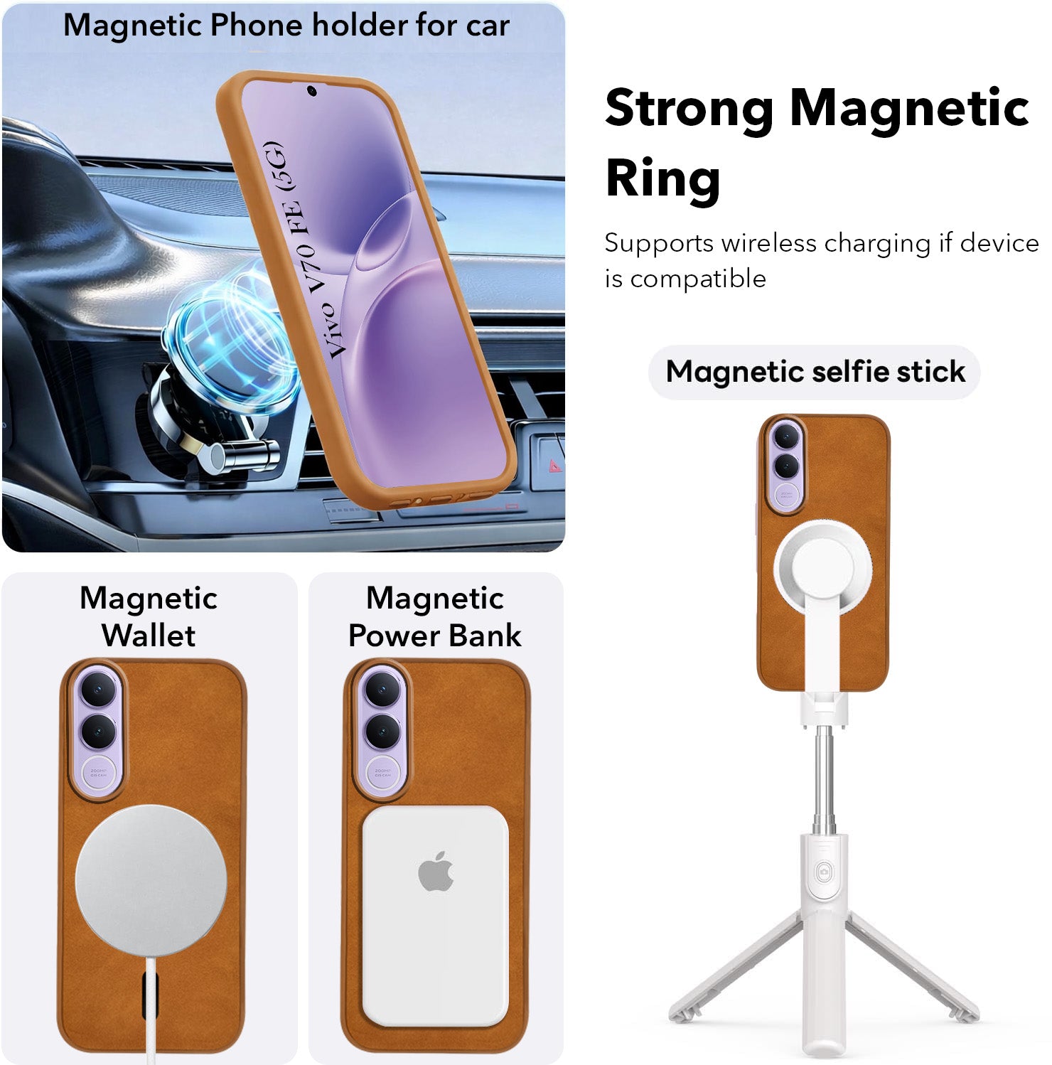 For Vivo V70 FE 5G Back Cover Case Leather Finish (MagSafe Compatible Wireless Charging | Soft Touch | Camera Bump Protection)