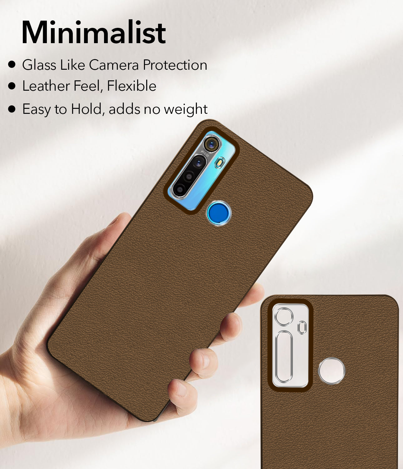 For Realme 5 | 5s | 5i Back Cover Case (Glass Like Camera Protection | Leather Feel | Minimalist Professional Grip)