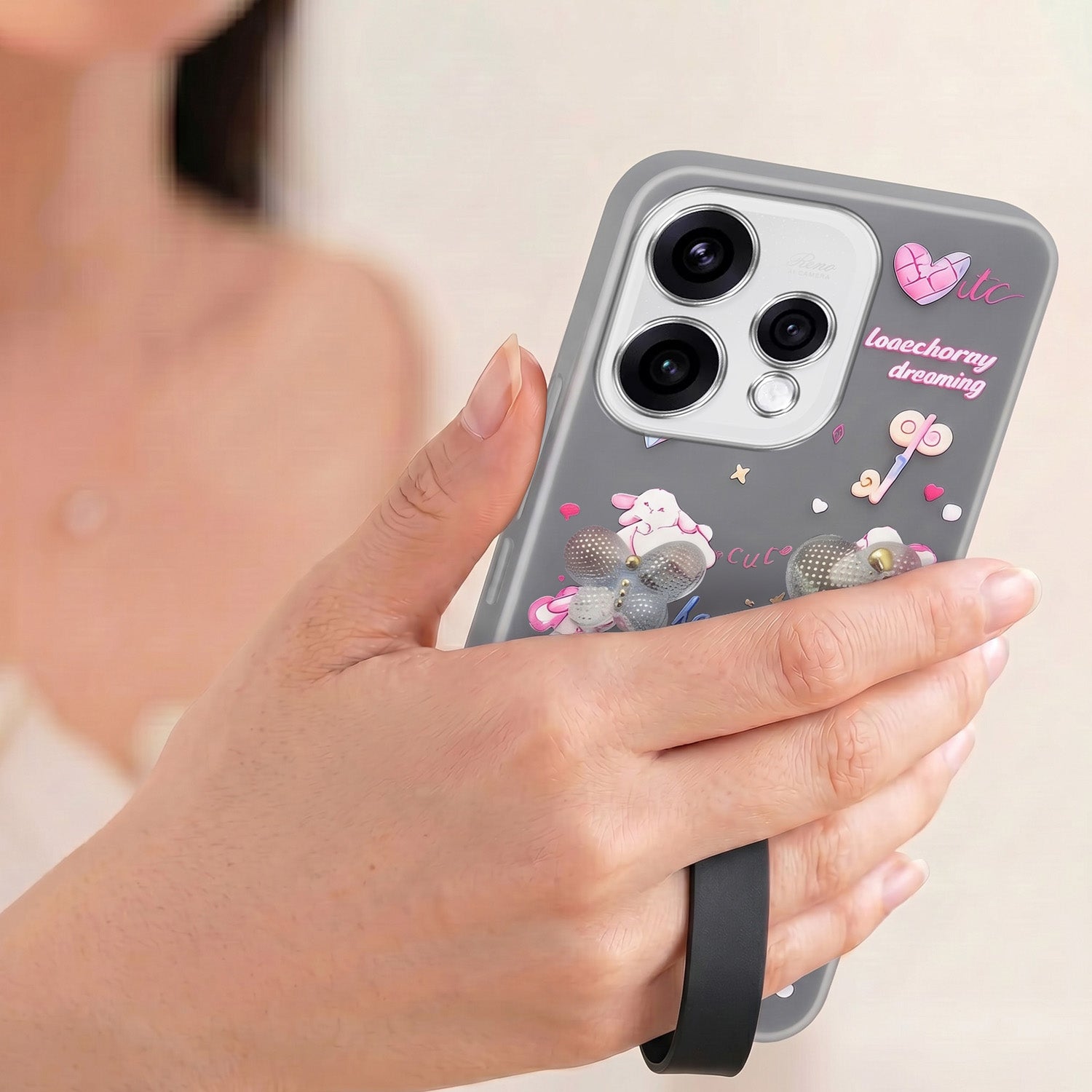 For Oppo Reno15 5G Back Cover Case (3D Cute Heart Strap Holder | Camera Protection | Designer Girls Print)