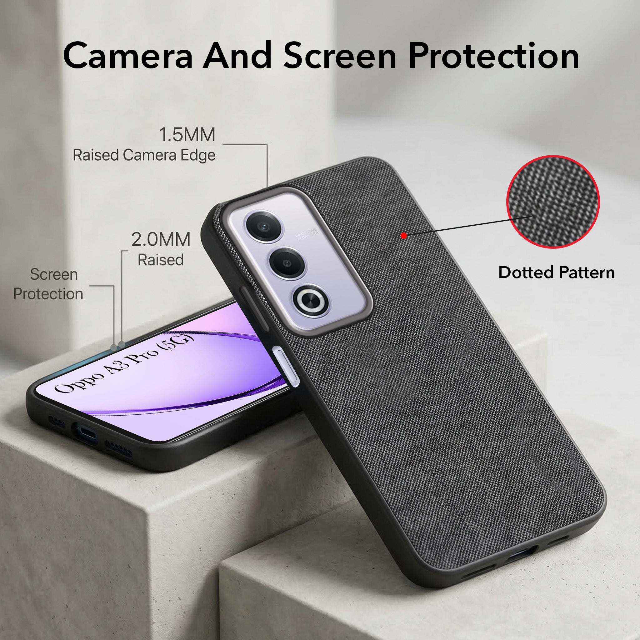 For Oppo A3 Pro 5G Combo with Back Cover and 9H Tempered Glass (Textured Grip Design | Micro-Fiber Cloth Inside | Oleophobic Coating Screen Glass)
