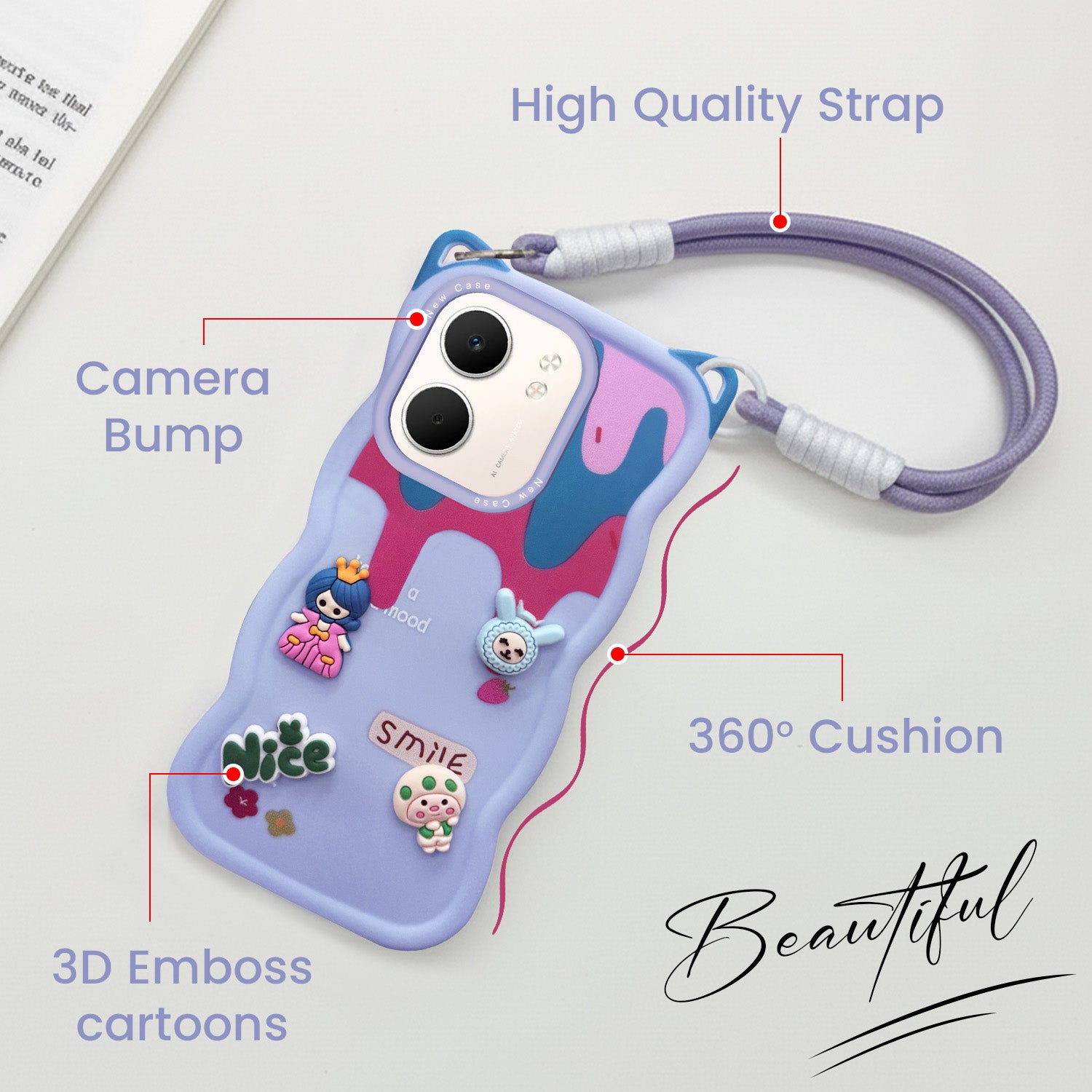 For Oppo A5X Back Case Cover Strap (3D embossed Figures | Strap Holder | 360* Soft Cushion with Camera Bump)