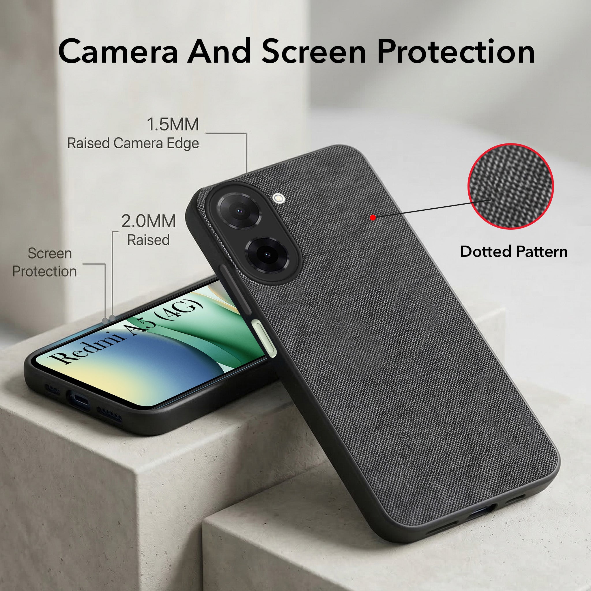 For Redmi A5 4G Combo with Back Cover and 9H Tempered Glass (Textured Grip Design | Micro-Fiber Cloth Inside | Oleophobic Coating Screen Glass)