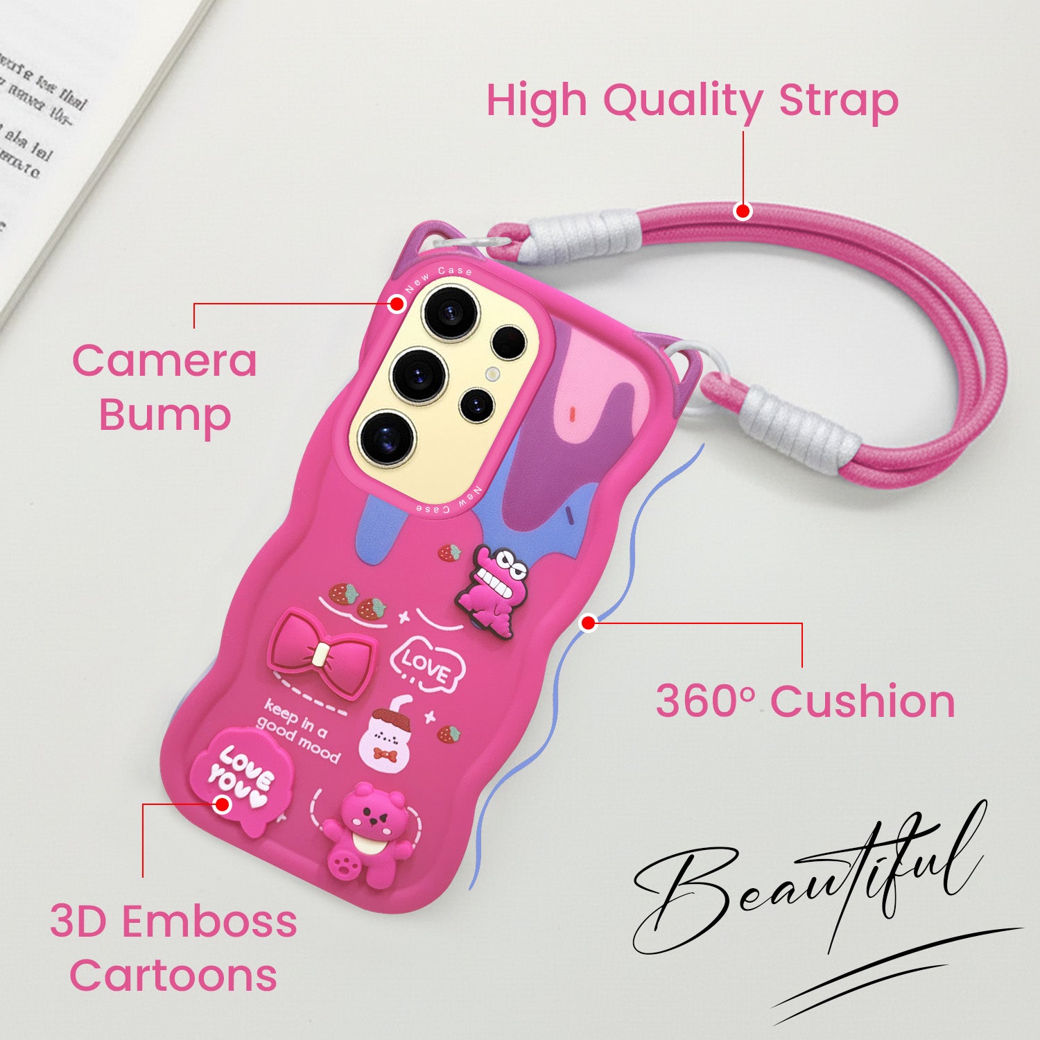 For Samsung Galaxy S24 Ultra Back Case Cover Strap (3D embossed Figures | Strap Holder | 360* Soft Cushion with Camera Bump)