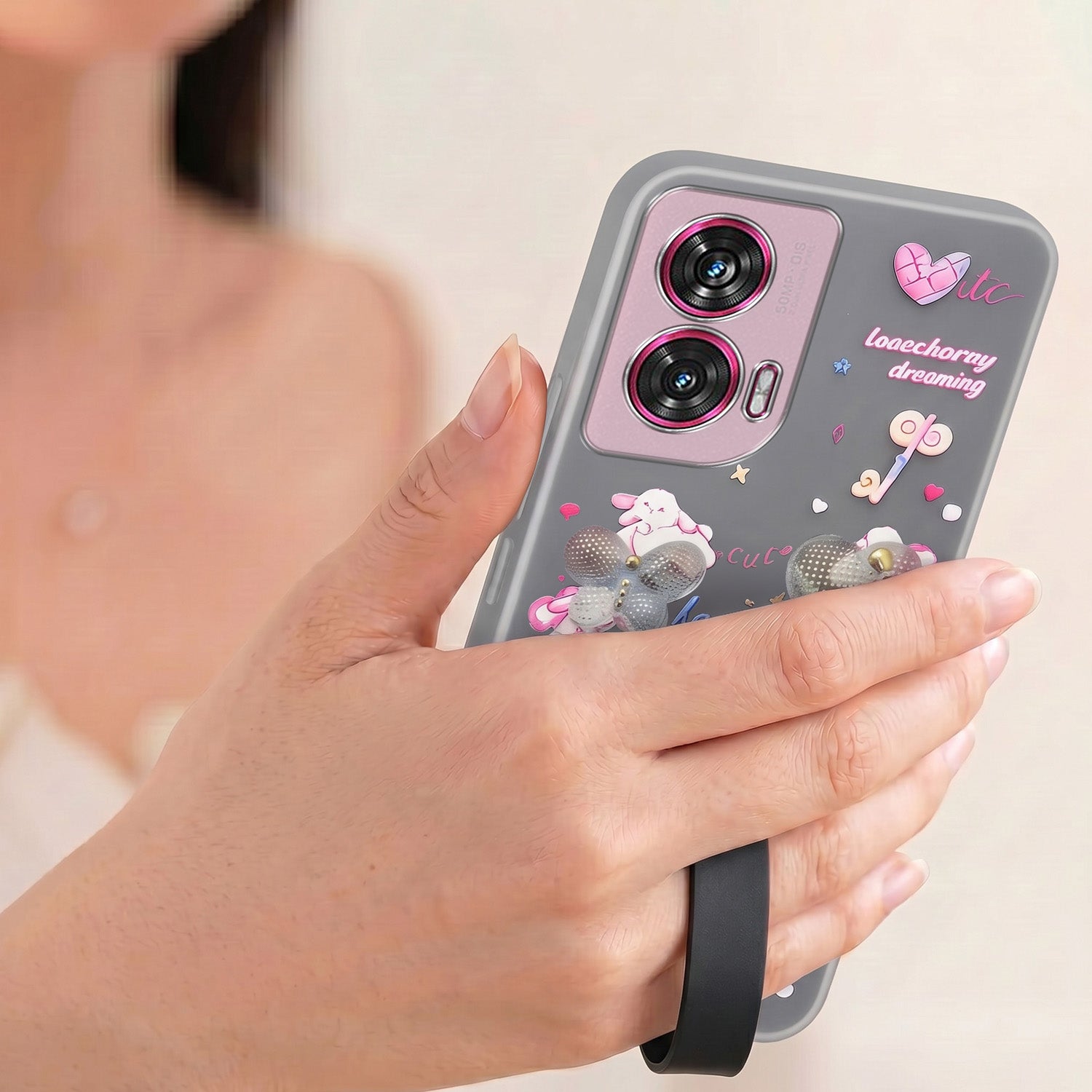 For Motorola Moto Edge 50 Fusion Back Cover Case (3D Cute Heart Strap Holder | Camera Protection | Designer Girls Print)