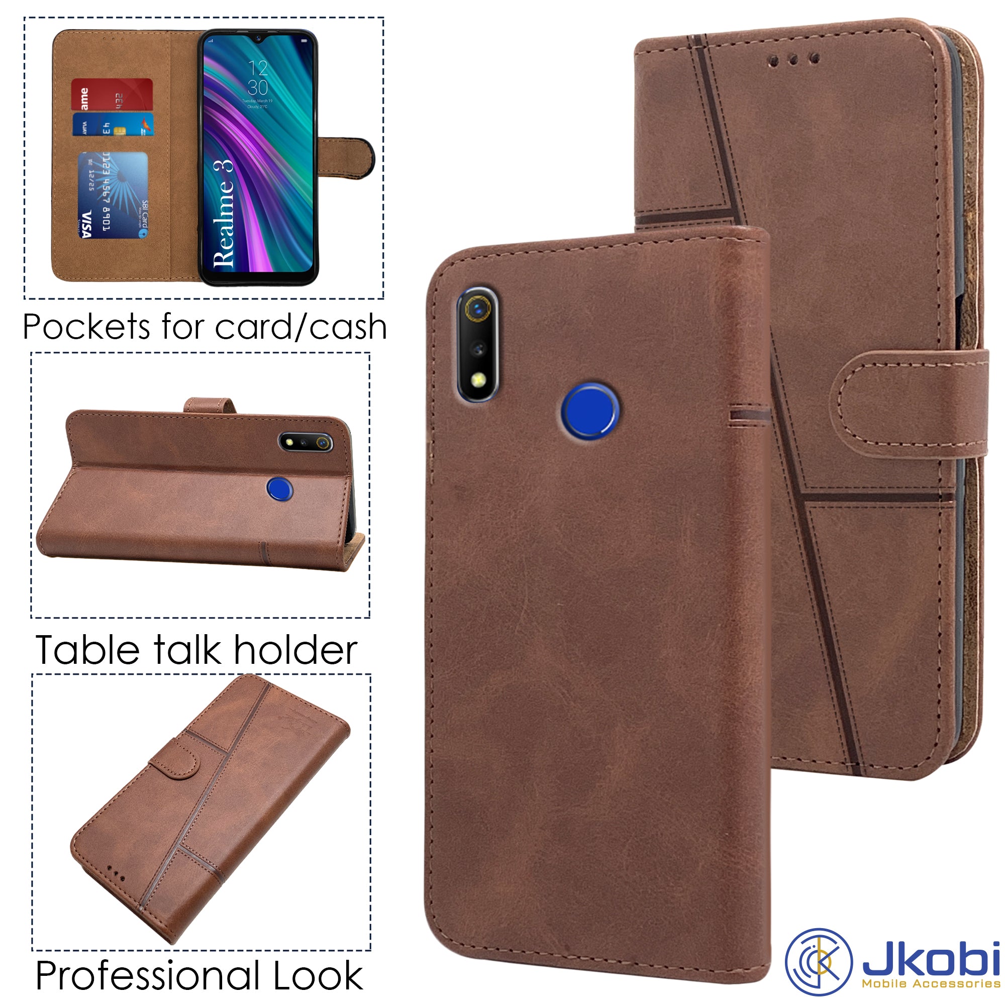 For Realme 3 | Realme 3i Flip Cover Case (Stitched Leather with Magnetic Closure)