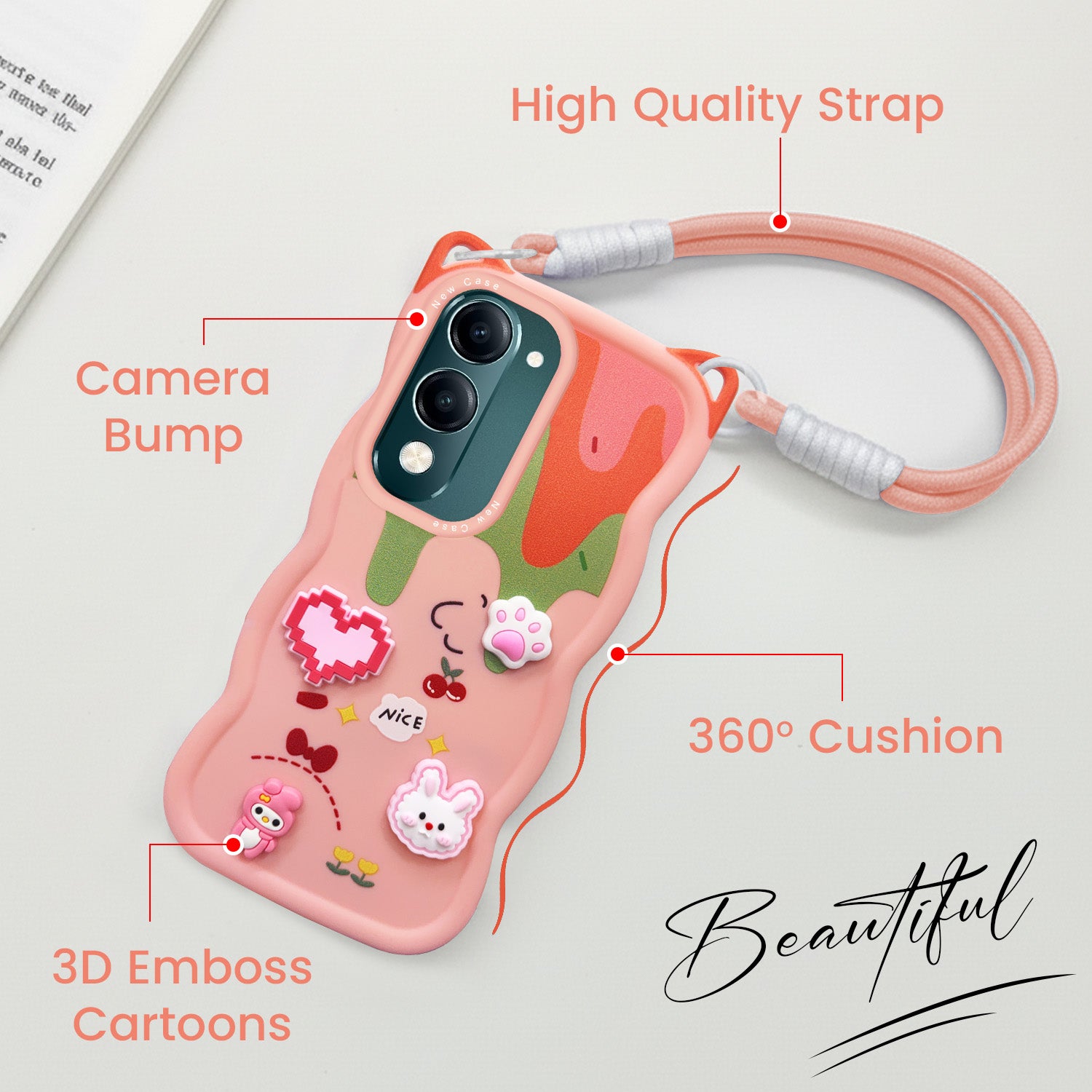 For Vivo Y19 | Vivo Y19e | Vivo T4 Lite Back Case Cover Strap (3D Embossed Figures | Strap Holder | 360* Soft Cushion with Camera Bump)