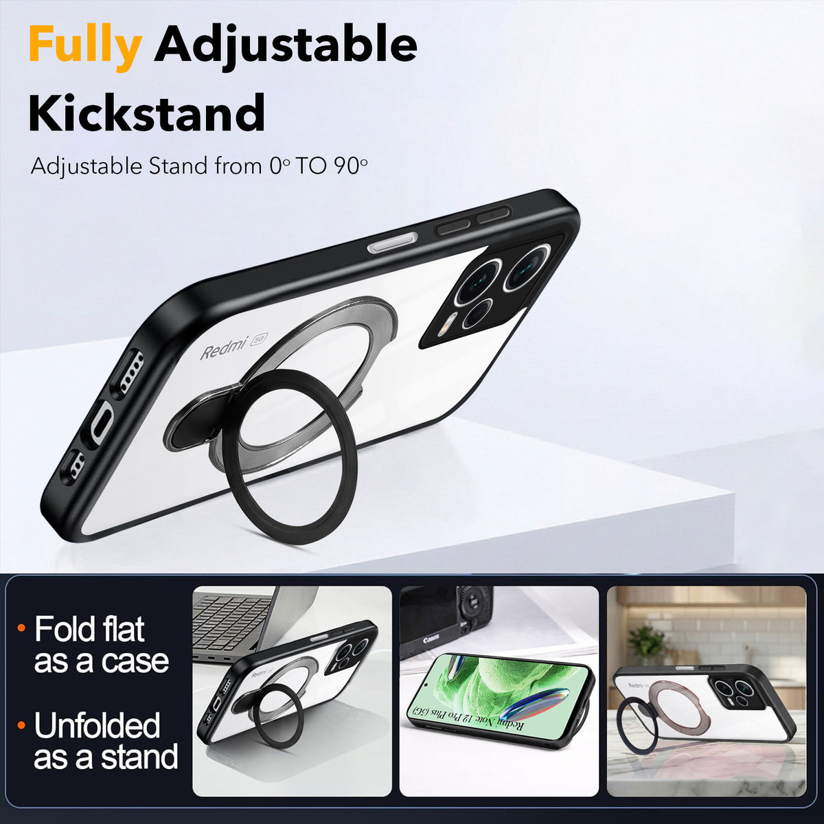For Xiaomi Redmi Note 12 Pro Plus 5G Back Cover Case (Kick Stand Ring Holder | Life time Anti Yellow | Camera Protection)