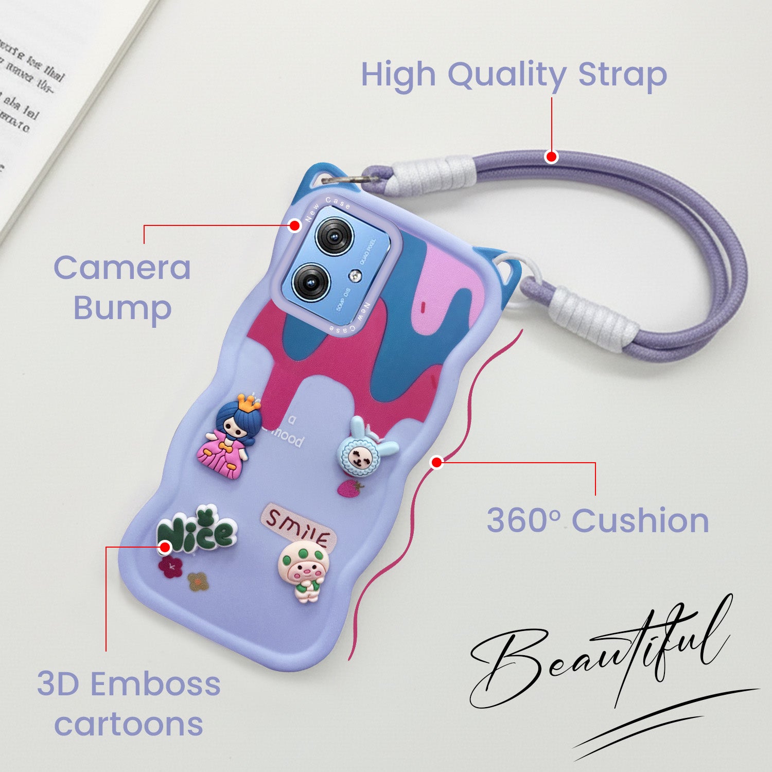 For Motorola Moto G64 5G Back Case Cover Strap (3D embossed Figures | Strap Holder | 360* Soft Cushion with Camera Bump)