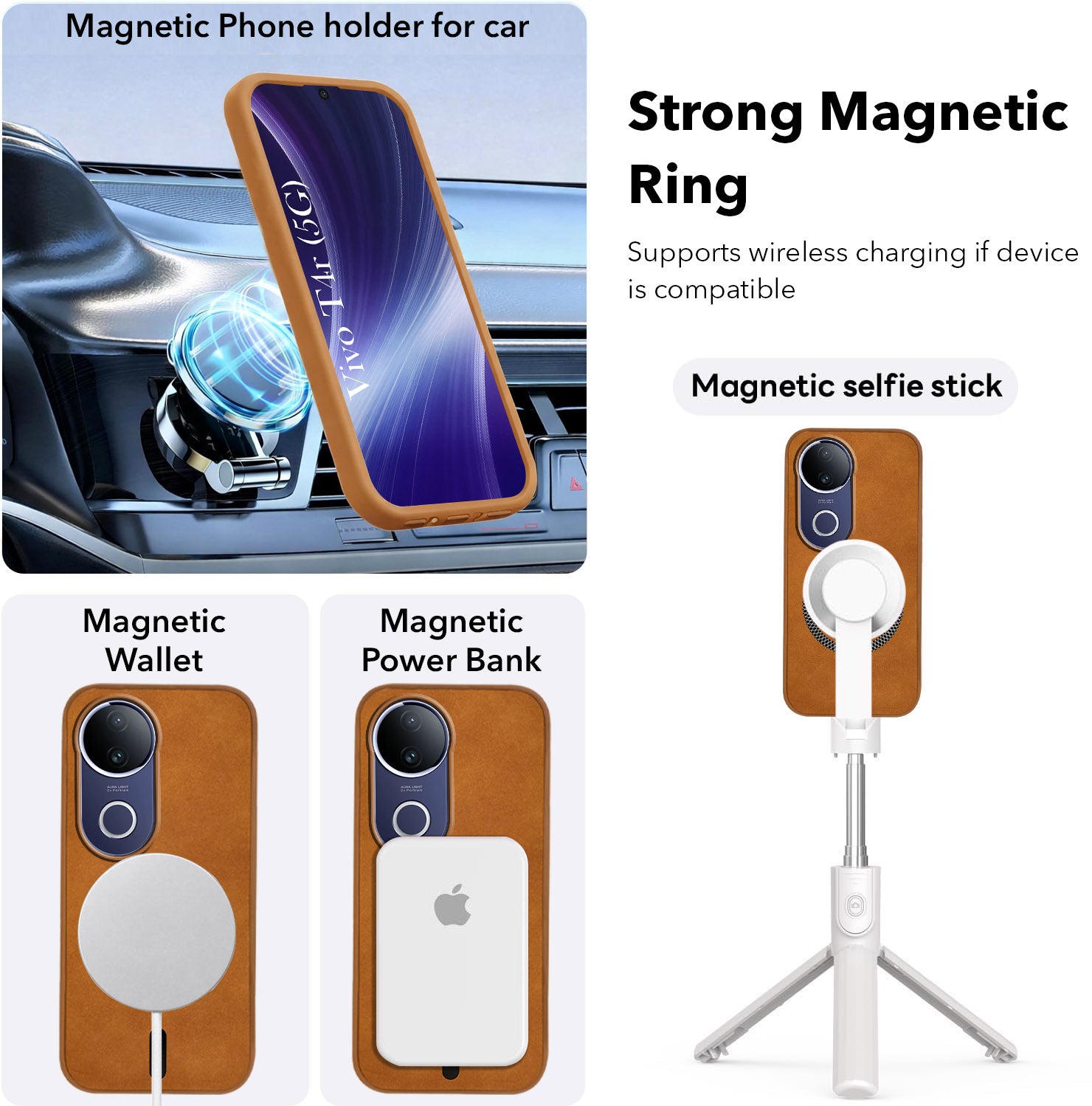 For Vivo T4R Back Cover Case Leather Finish (MagSafe Compatible Wireless Charging | Soft Touch | Camera Bump Protection)