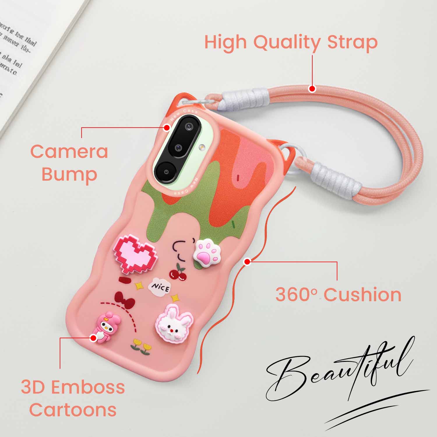 For Samsung Galaxy M16 5G | Samsung Galaxy F16 5G Back Case Cover Strap (3D embossed Figures | Strap Holder | 360* Soft Cushion with Camera Bump)