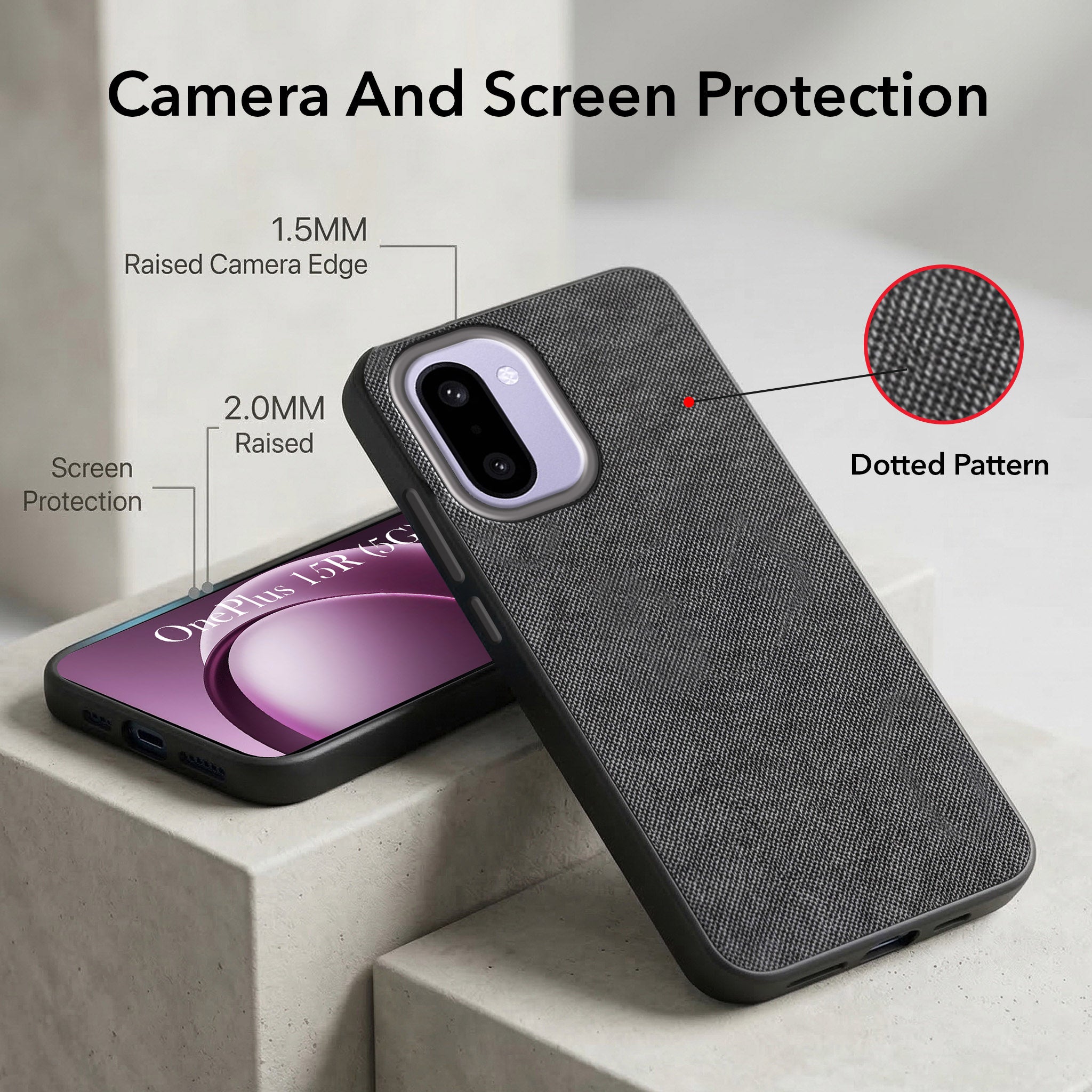 For OnePlus 15R Combo with Back Cover and 9H Tempered Glass (Textured Grip Design | Micro-Fiber Cloth Inside | Oleophobic Coating Screen Glass)