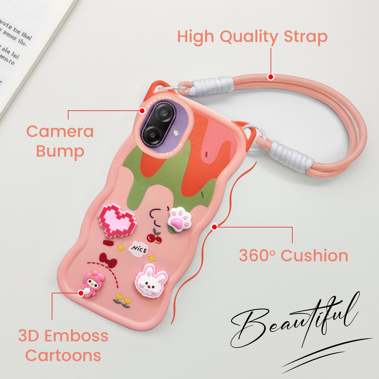 For Samsung Galaxy M17e Back Cover Case Strap (3D Embossed Figures | Strap Holder | 360* Soft Cushion with Camera Bump)