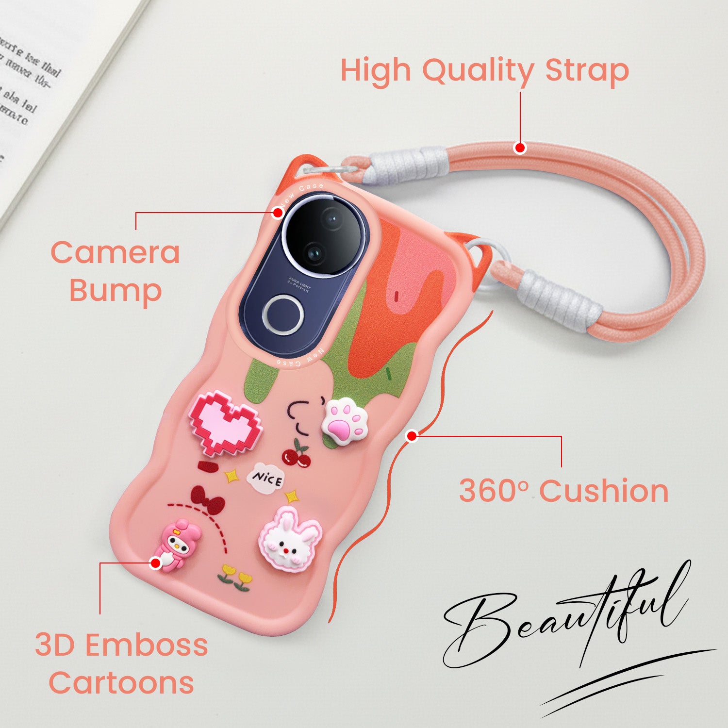 For Vivo T4R Back Case Cover Strap (3D embossed Figures | Strap Holder | 360* Soft Cushion with Camera Bump)