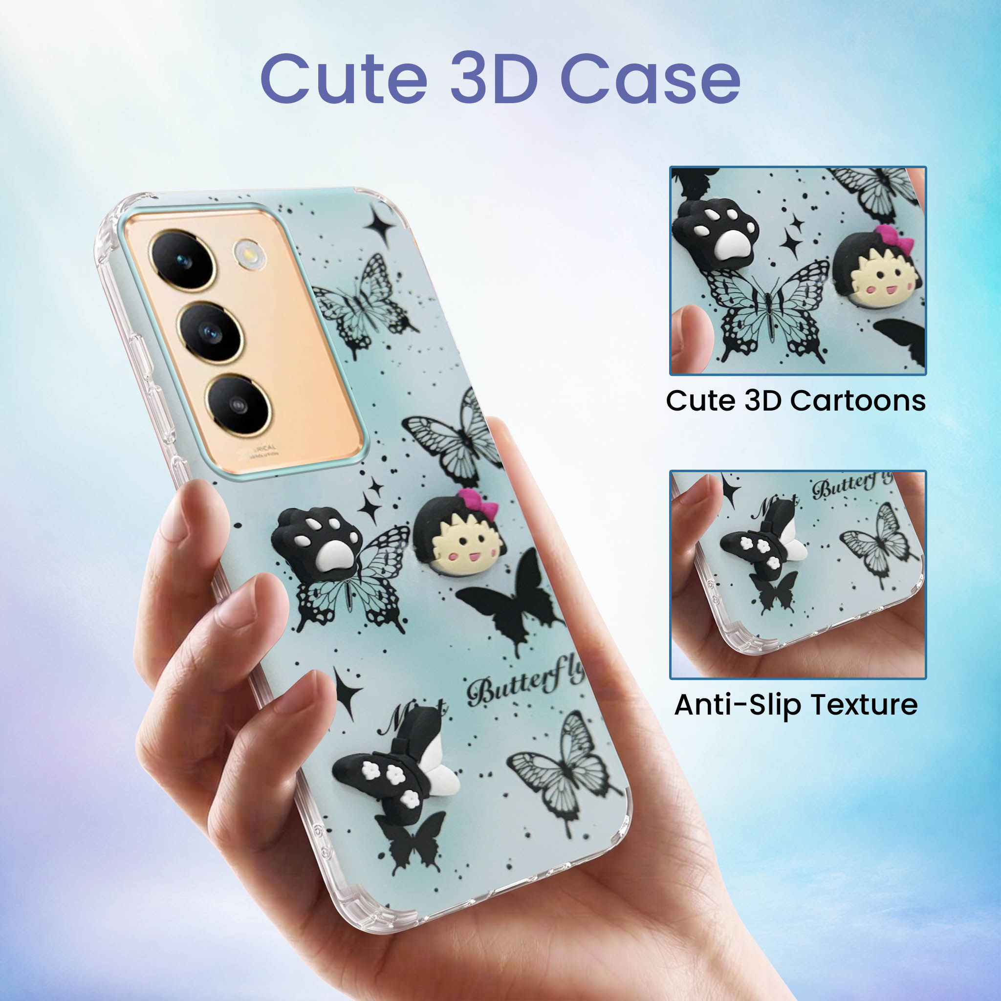 For Vivo Y200e Back Cover Case (3D Cute Cartoons | Hard Back Side Soft | Matte Premium Finish | HD Printing)