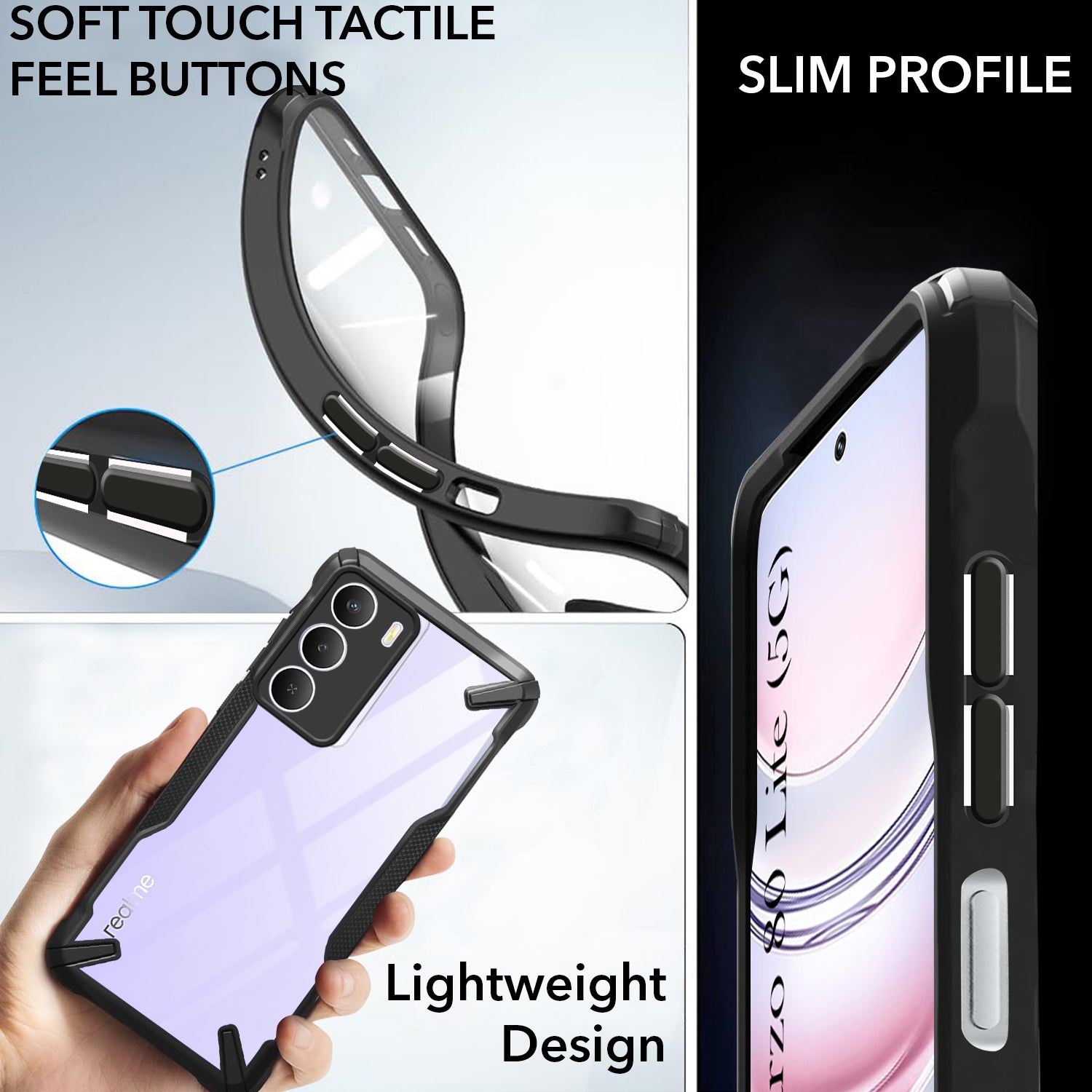 For Realme Narzo 80 Lite 5G Back Cover Case (Hybrid Crystal | Ultimate Shockproof Bumpers | Anti Yellow | Rugged Armor | Black )