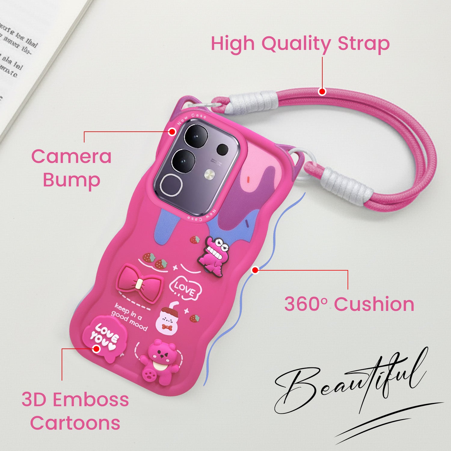 For Vivo T4x | Vivo Y31 Pro Back Case Cover Strap (3D embossed Figures | Strap Holder | 360* Soft Cushion with Camera Bump)