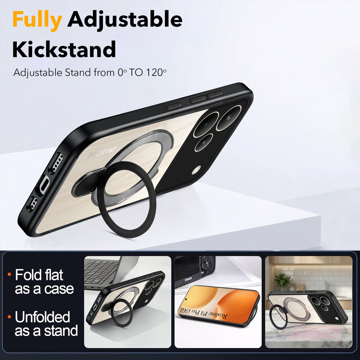For Realme P4 Pro Back Cover Case (Kick Stand Ring Holder | Life time Anti Yellow | Camera Protection)