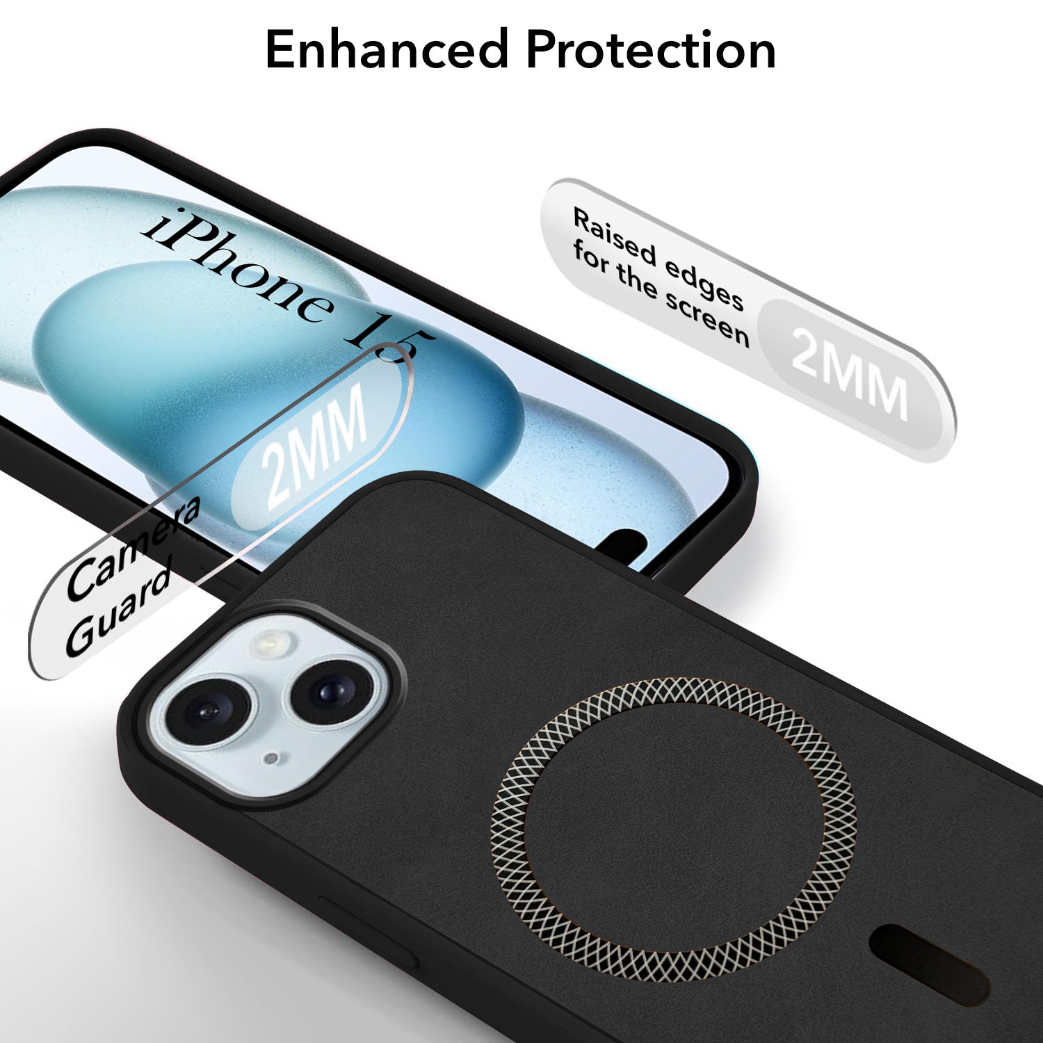 For Apple iPhone 15 Back Cover Case Leather Finish (MagSafe Compatible Wireless Charging | Soft Touch | Camera Bump Protection)
