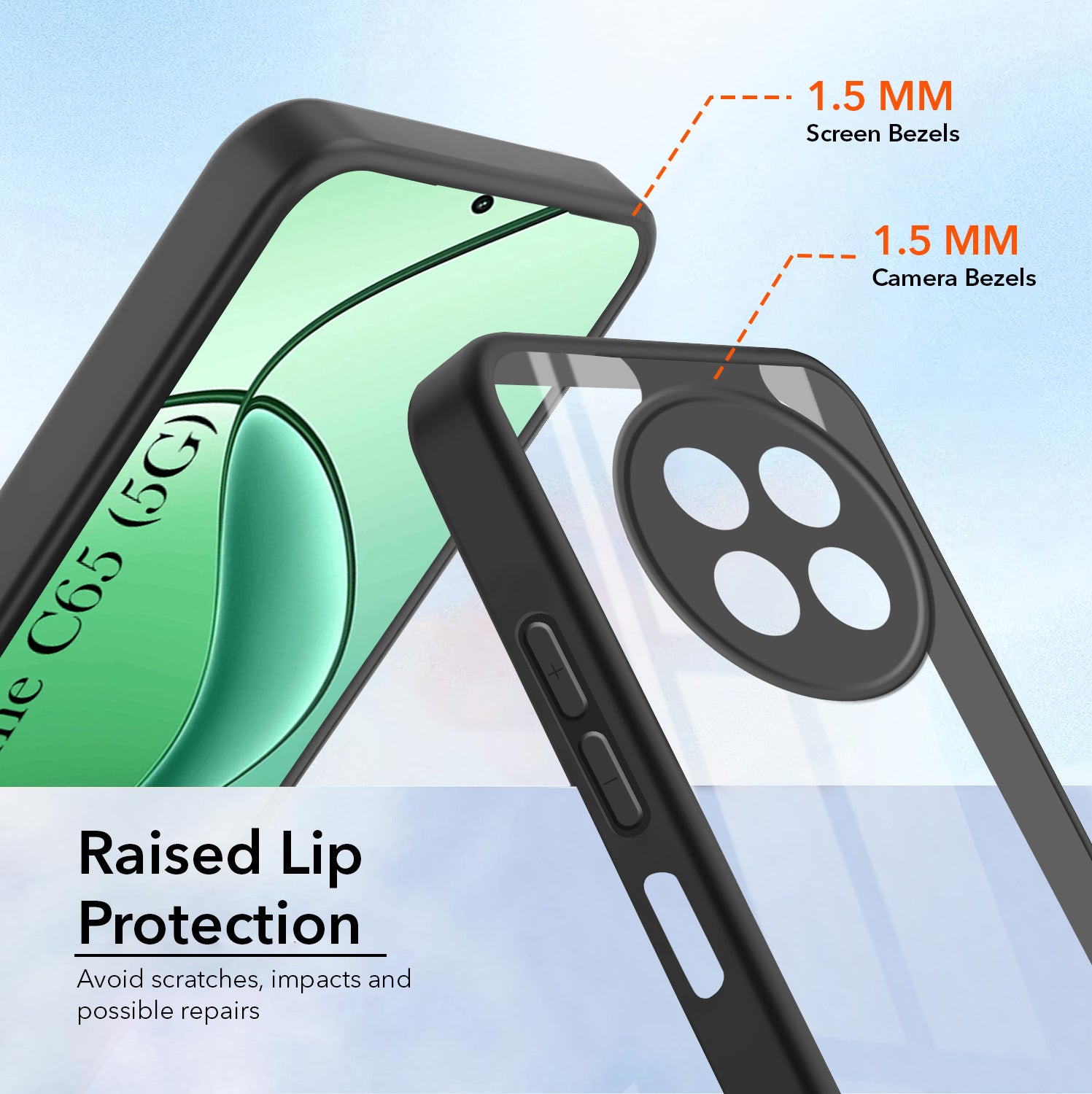 For Realme C65 5G Combo with Back Cover and 9H Tempered Glass (Lifetime Anti-Yellow | Crystal Clear Shockproof | Oleophobic Coating Screen Glass)