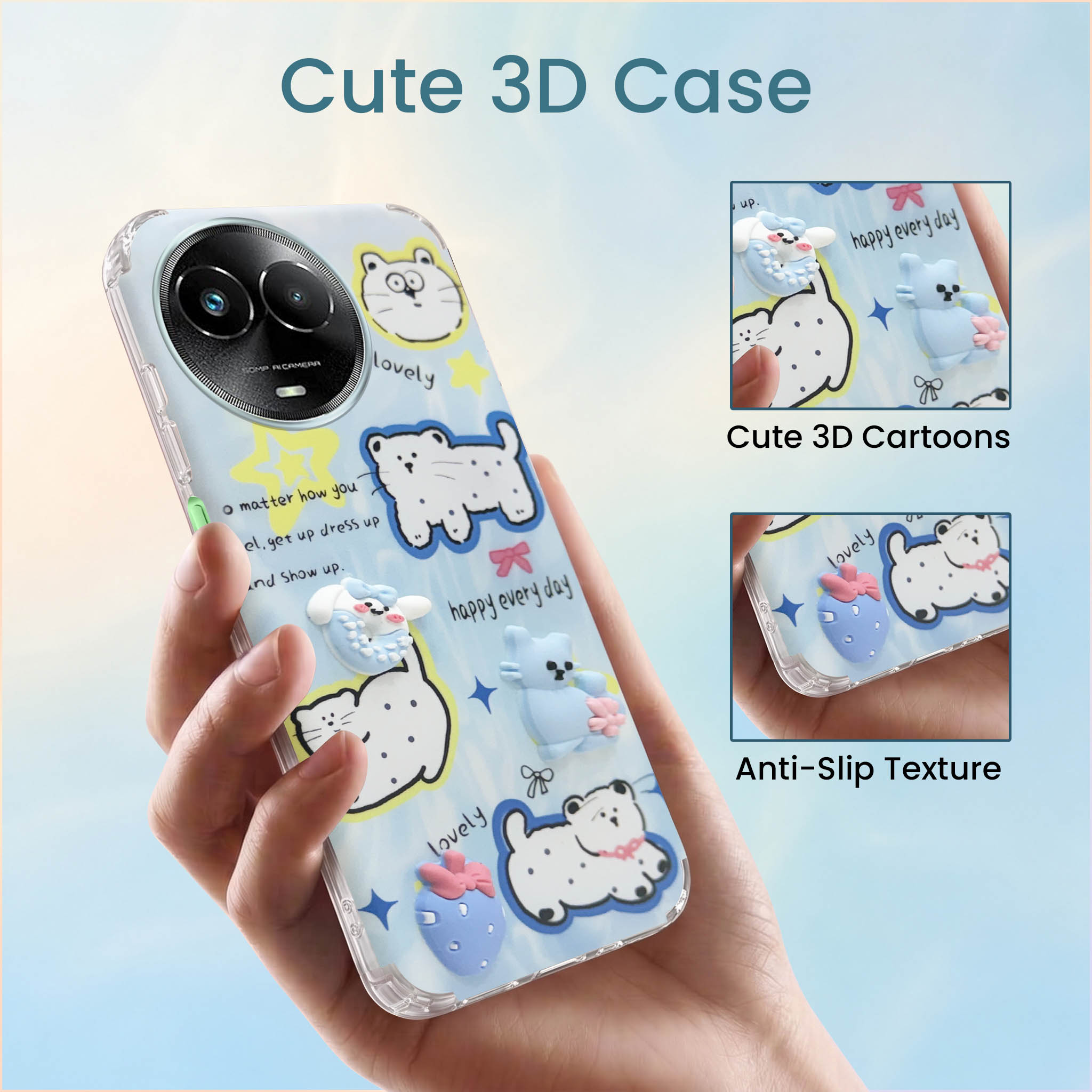 For Realme C67 Back Cover Case (3D Cute Cartoons | Hard Back Side Soft | Matte Premium Finish | HD Printing)