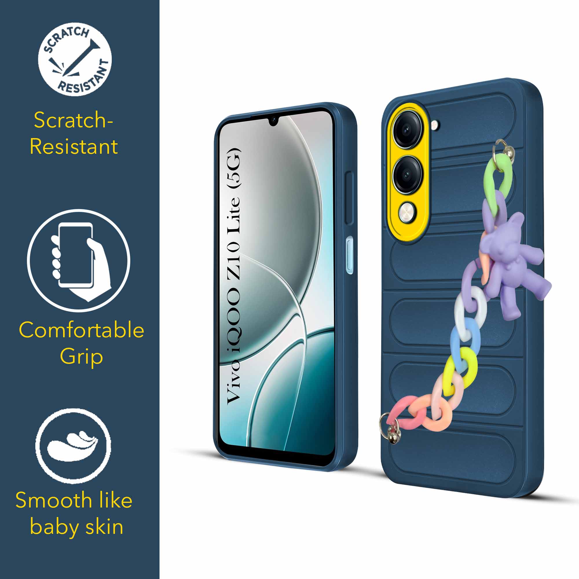 For Vivo iQOO Z10 Lite Back Cover Case (Wrist Hanging Chain | Teddy Bracelet Charms | Matte Liquid Silicone | Camera Protection Ring)