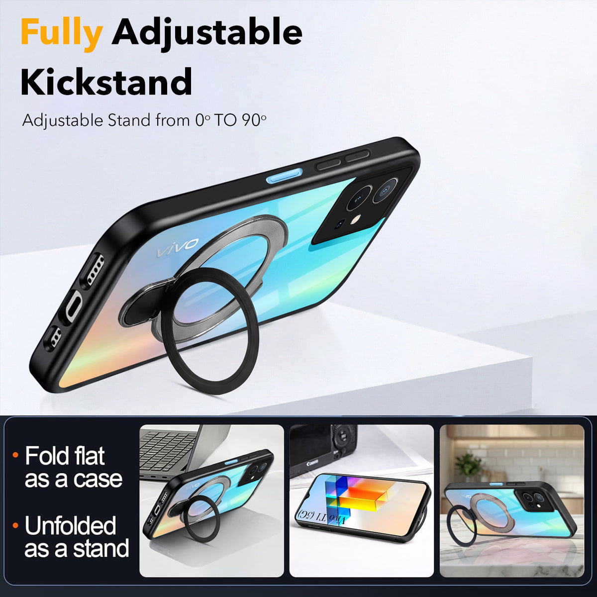 For Vivo T1 5G Back Cover Case (Kick Stand Ring Holder | Life time Anti Yellow | Camera Protection)