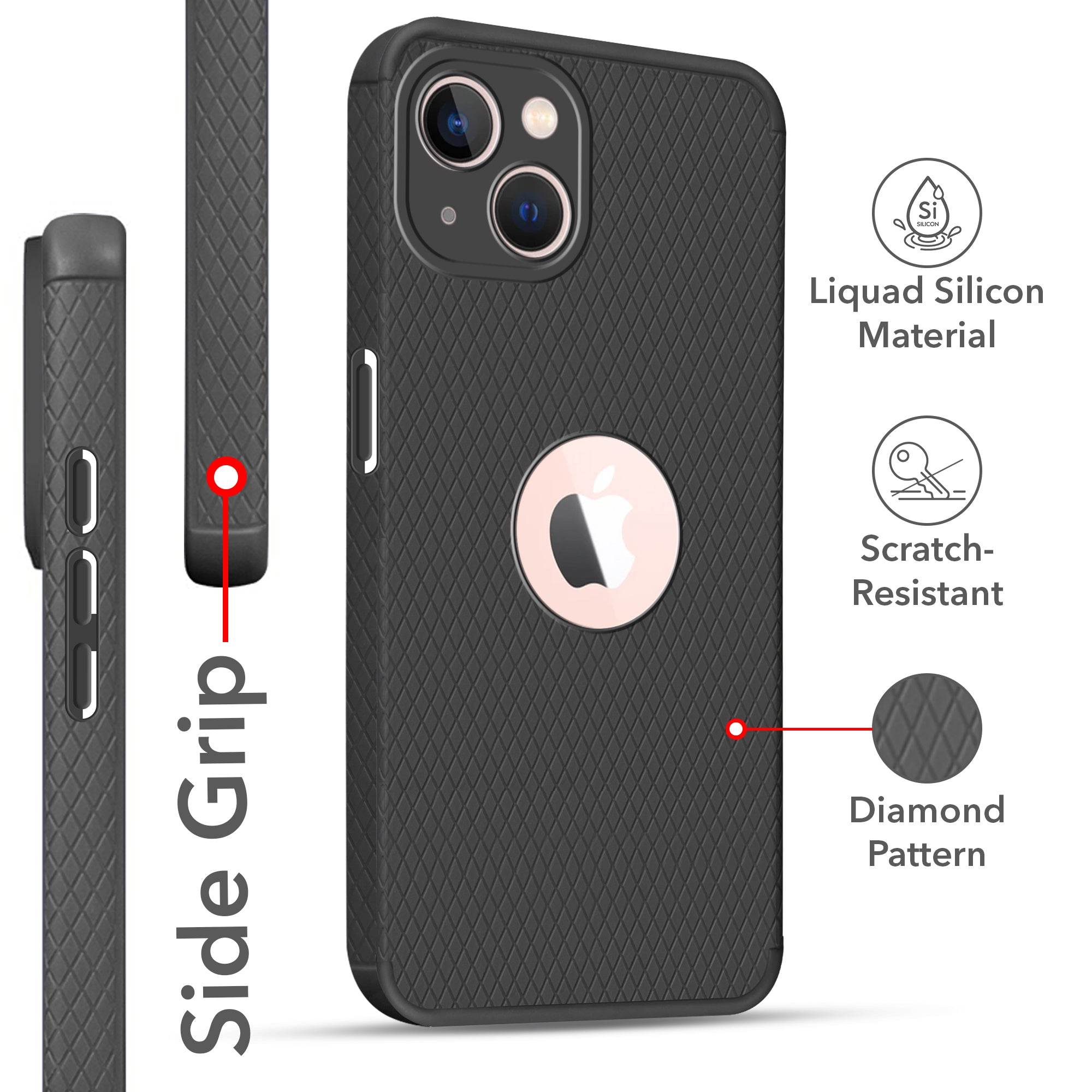 For Apple iPhone 13 Back Cover Case Liquid Silicone (Camera Protection | Side Grip Texture | Soft and Flexible)