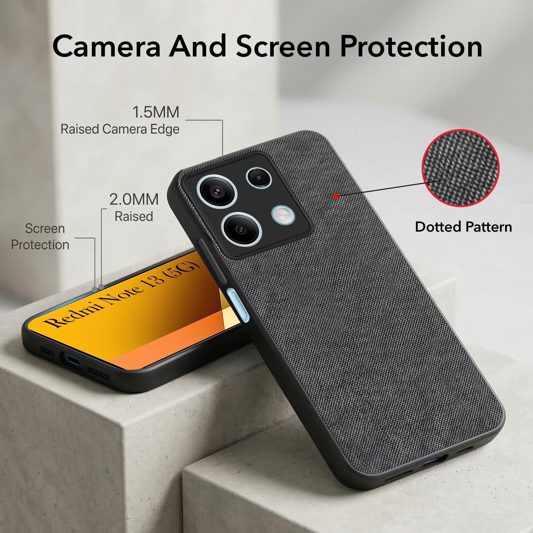 For Xiaomi Redmi Note 13 5G Combo with Back Cover and 9H Tempered Glass (Textured Grip Design | Micro-Fiber Cloth Inside | Oleophobic Coating Screen Glass)