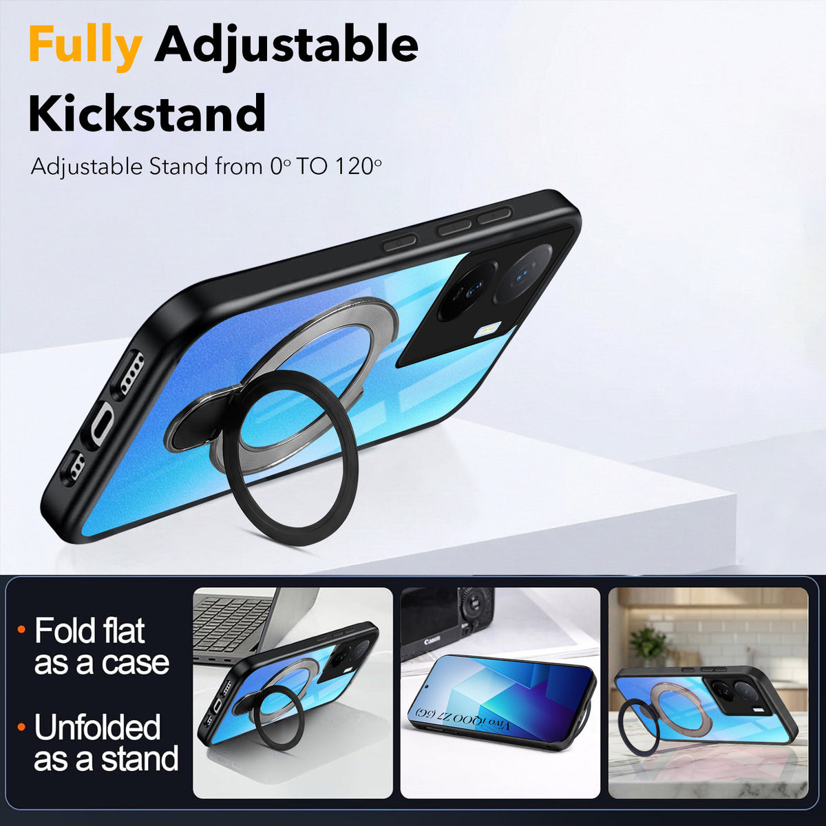 For Vivo IQOO Z7 5G Back Cover Case (Kick Stand Ring Holder | Life time Anti Yellow | Camera Protection)