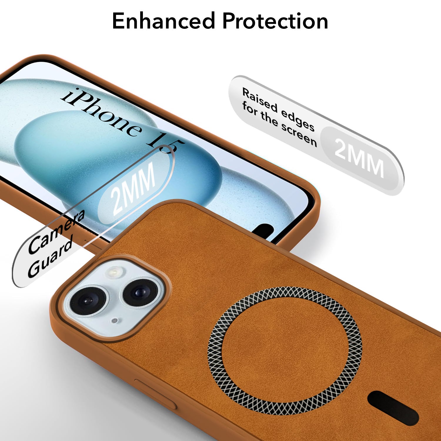 For Apple iPhone 15 Back Cover Case Leather Finish (MagSafe Compatible Wireless Charging | Soft Touch | Camera Bump Protection)
