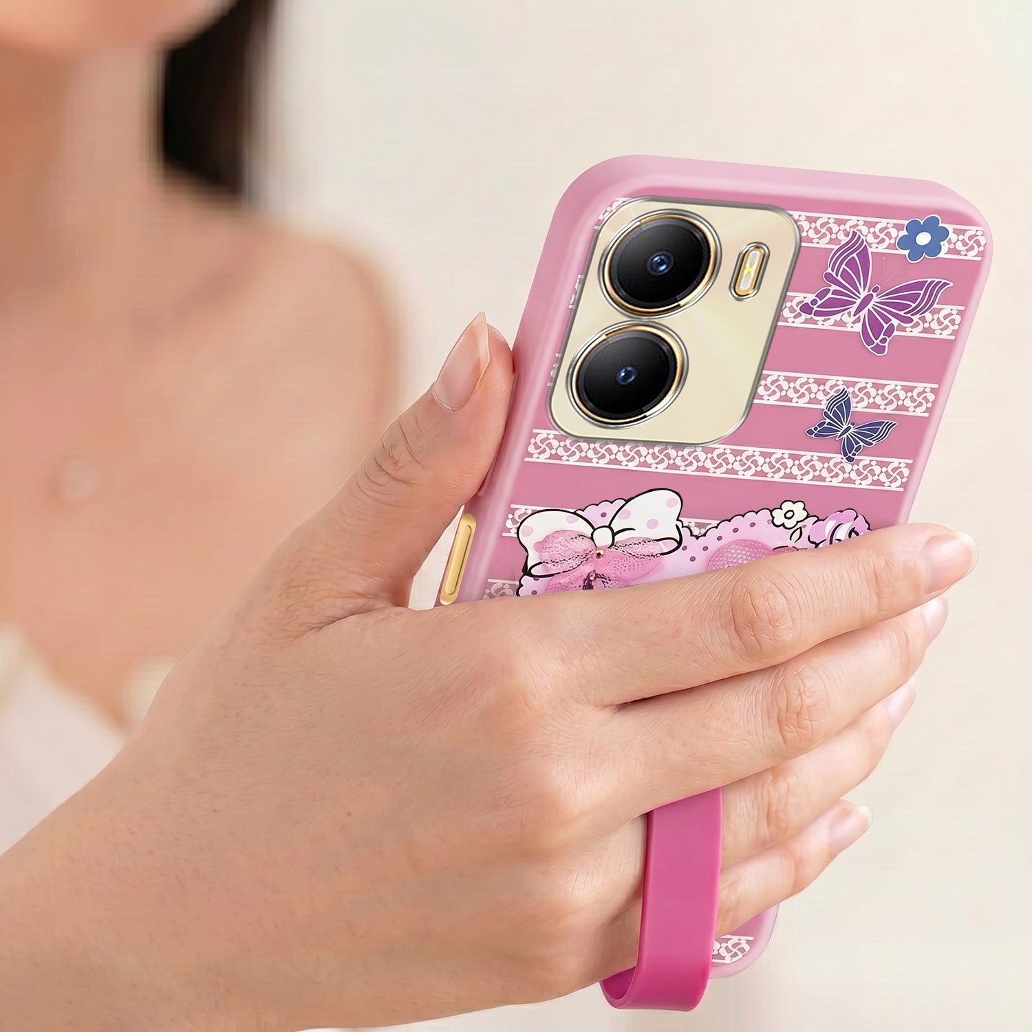For Vivo Y56 5G Back Cover Case (3D Cute Heart Strap Holder | Camera Protection | Designer Girls Print)