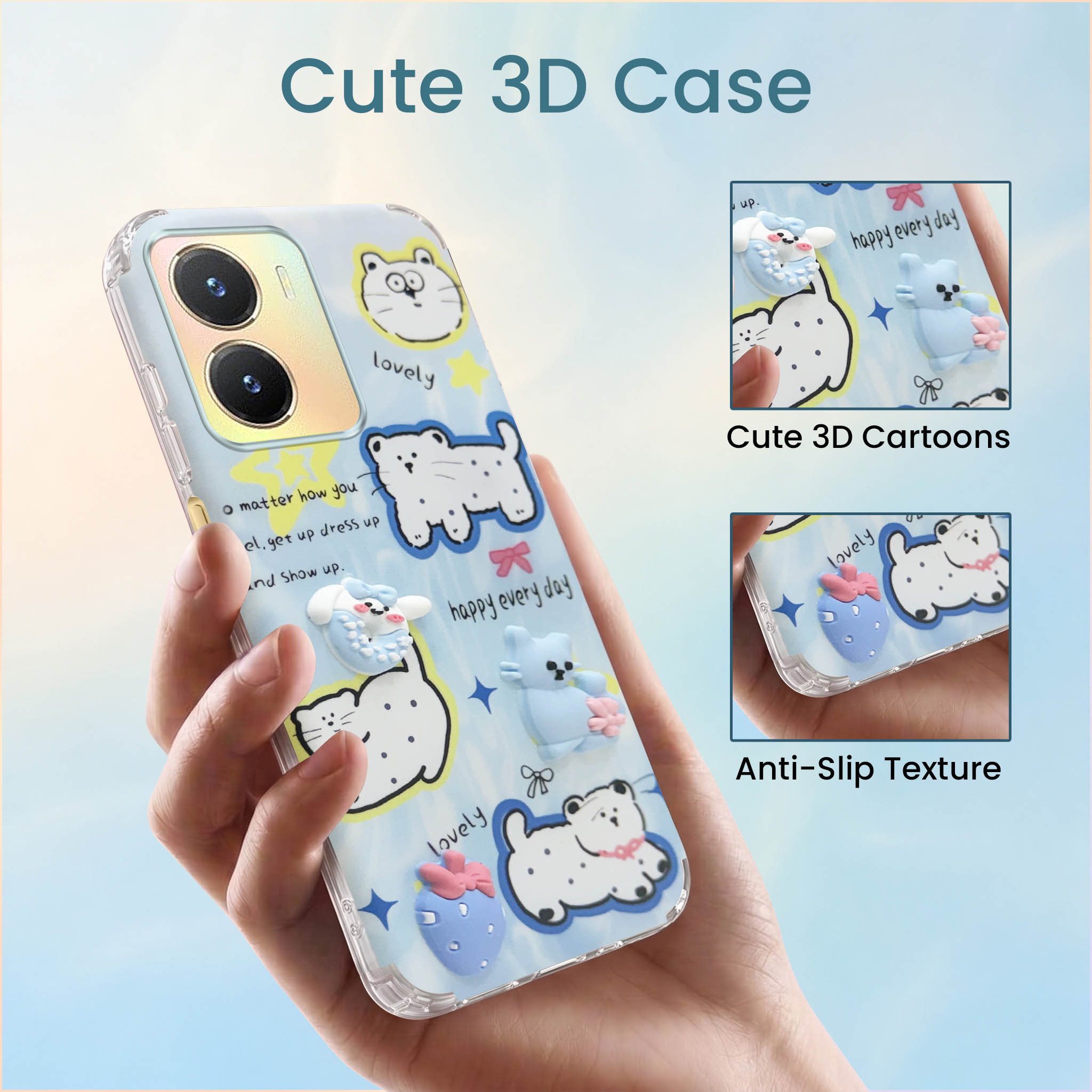 For Vivo T2x Back Cover Case (3D Cute Cartoons | Hard Back Side Soft | Matte Premium Finish | HD Printing)
