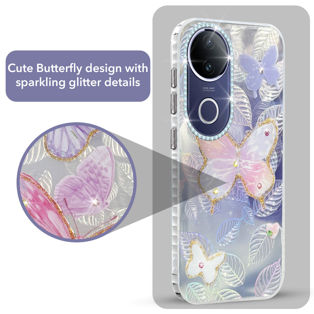 For Vivo T4R Back Cover Case (Luxury Floral Glitter Cute Butterfly | Diamond Studded Camera Bump | Girls & Women Design)
