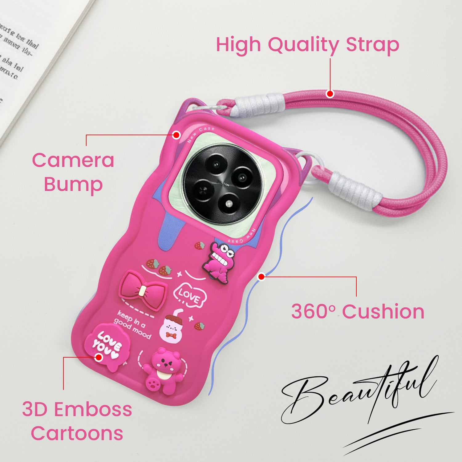 For Realme C65 5G Back Case Cover Strap (3D Embossed Figures | Strap Holder | 360* Soft Cushion with Camera Bump)