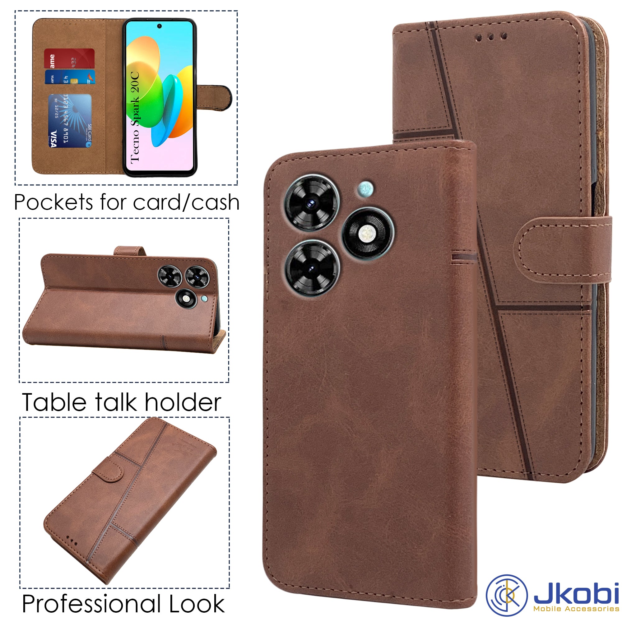 For Tecno Spark 20C Flip Cover Case (Stitched Leather with Magnetic Closure)