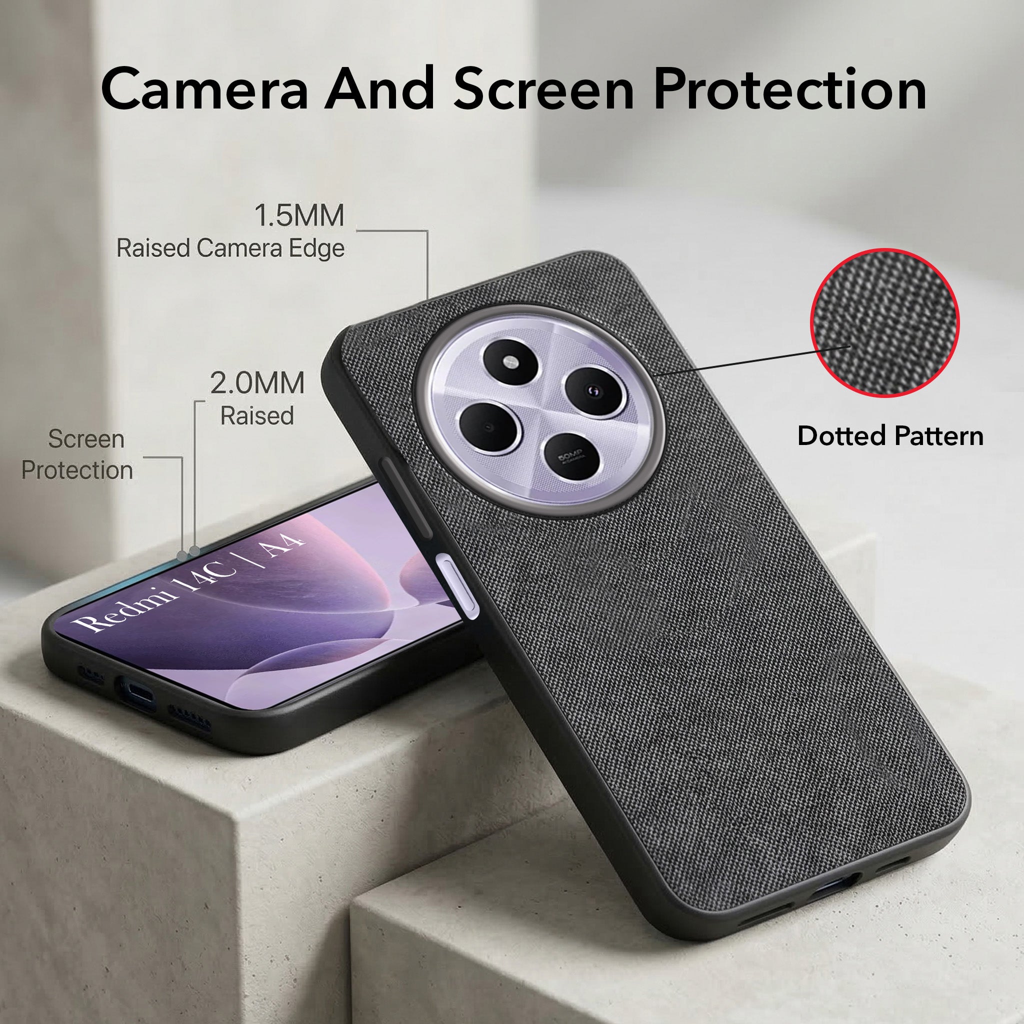 For Redmi A4 5G | Xiaomi Redmi 14C Combo with Back Cover and 9H Tempered Glass (Textured Grip Design | Micro-Fiber Cloth Inside | Oleophobic Coating Screen Glass)