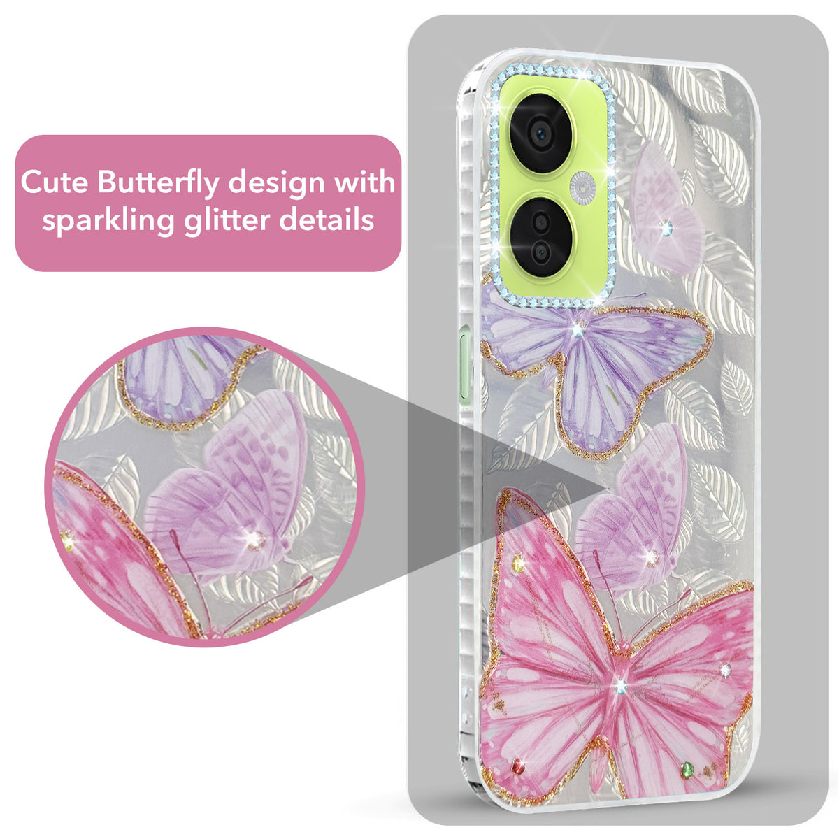 For OnePlus Nord CE 3 Lite Back Cover Case (Luxury Floral Glitter Cute Butterfly | Diamond Studded Camera Bump | Girls & Women Design)