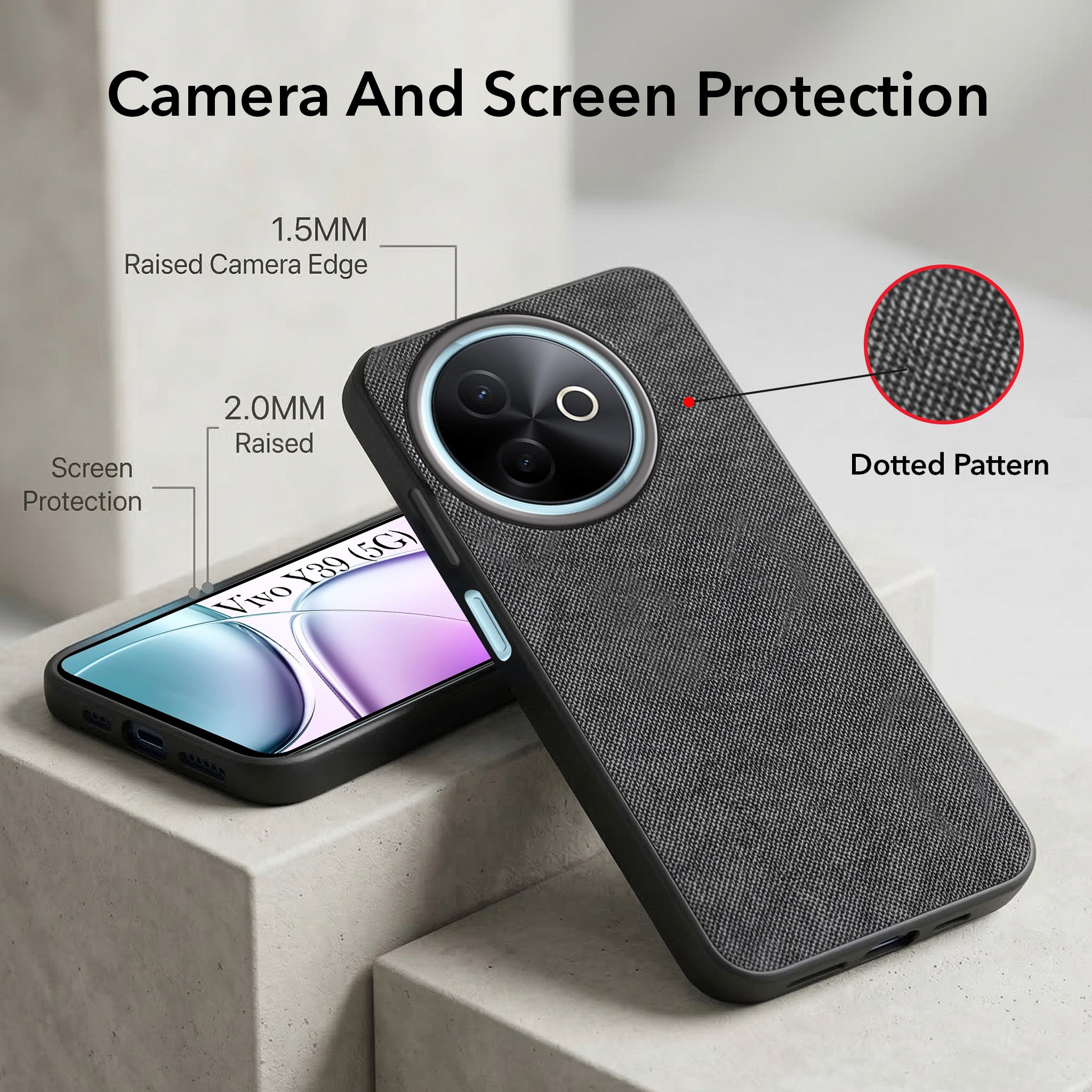 For Vivo Y39 Combo with Back Cover and 9H Tempered Glass (Textured Grip Design | Micro-Fiber Cloth Inside | Oleophobic Coating Screen Glass)