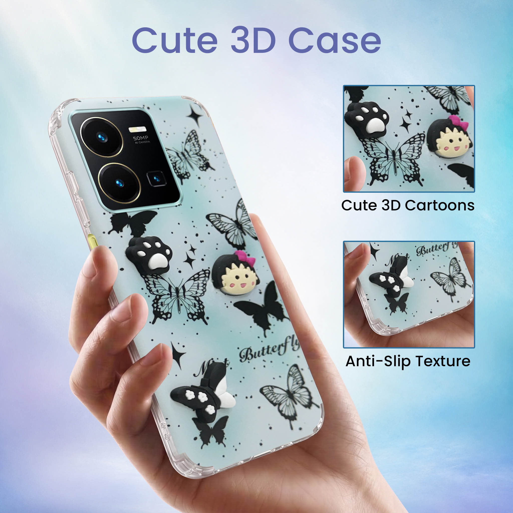 For Vivo Y35 Back Cover Case (3D Cute Cartoons | Hard Back Side Soft | Matte Premium Finish | HD Printing)