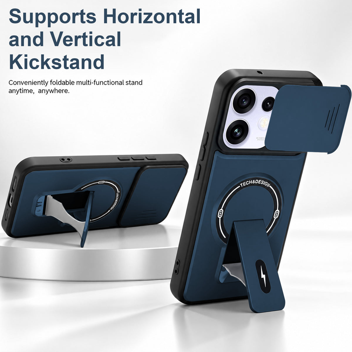 For Oppo Reno 16 Power Back Case Cover Metallic (Hybrid Armor Kickstand | Sliding Shutter Camera Protection | MagSafe Compatible)