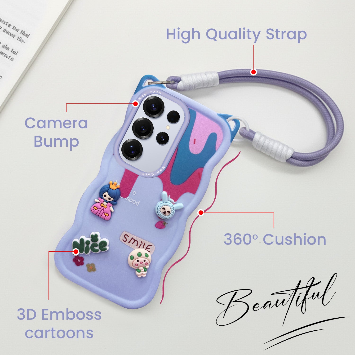 For Samsung Galaxy S25 Ultra Back Case Cover Strap (3D embossed Figures | Strap Holder | 360* Soft Cushion with Camera Bump)