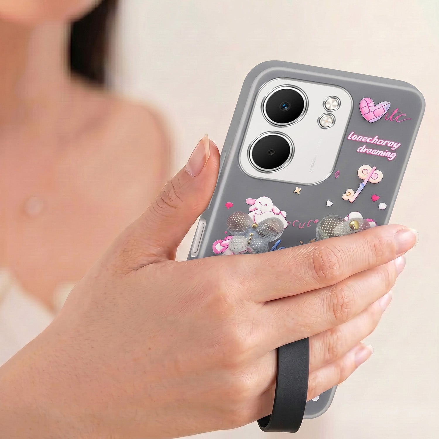 For Oppo A5X Back Cover Case (3D Cute Heart Strap Holder | Camera Protection | Designer Girls Print)