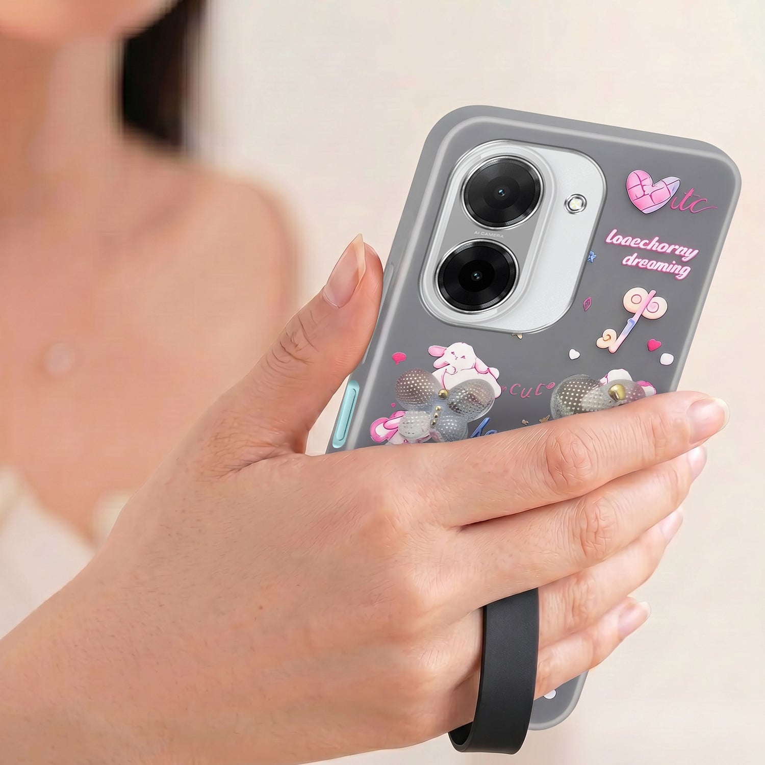 For Poco C71 Back Cover Case (3D Cute Heart Strap Holder | Camera Protection | Designer Girls Print)