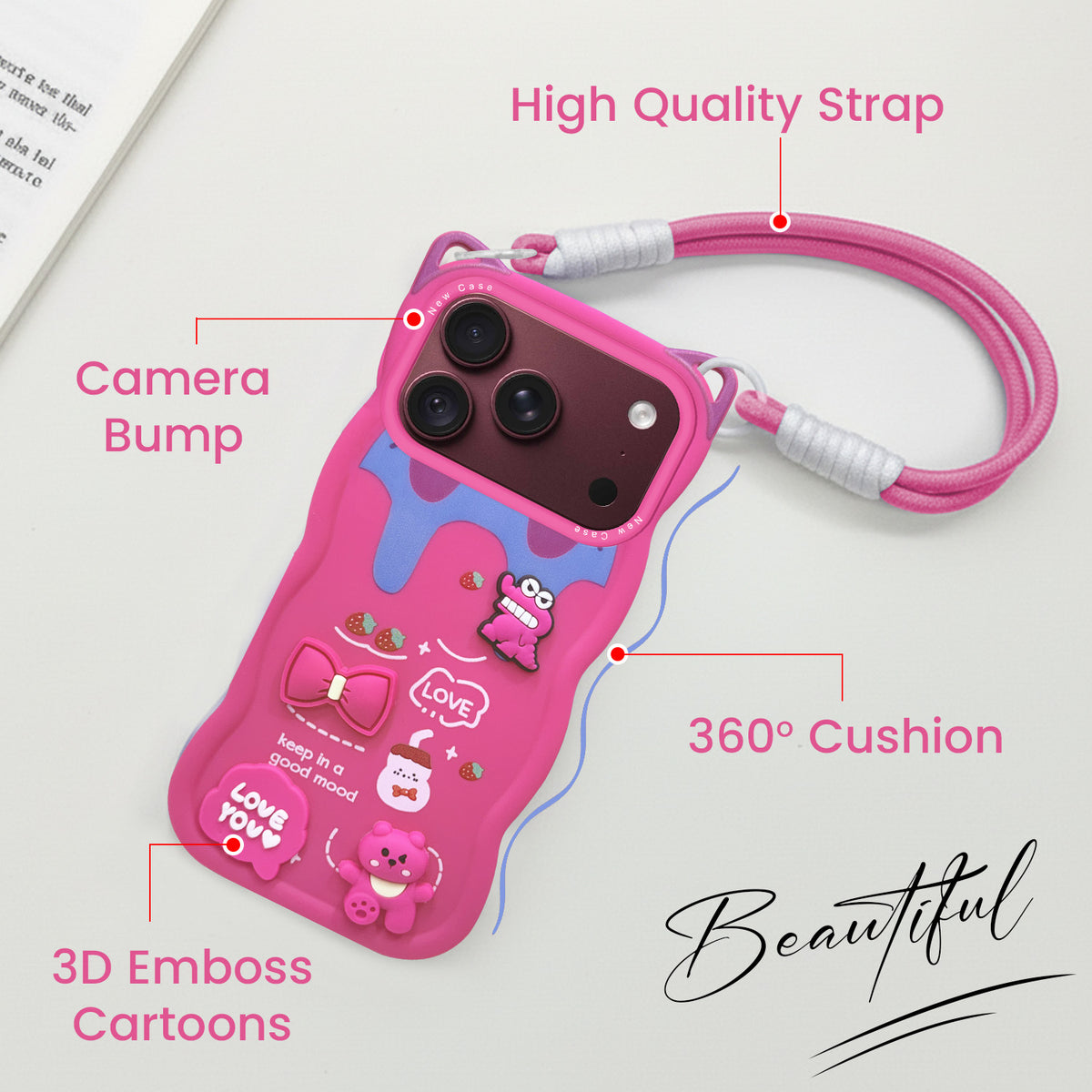 For Apple iPhone 18 Pro Max Back Case Cover Strap (3D Embossed Figures | Strap Holder | 360* Soft Cushion with Camera Bump)