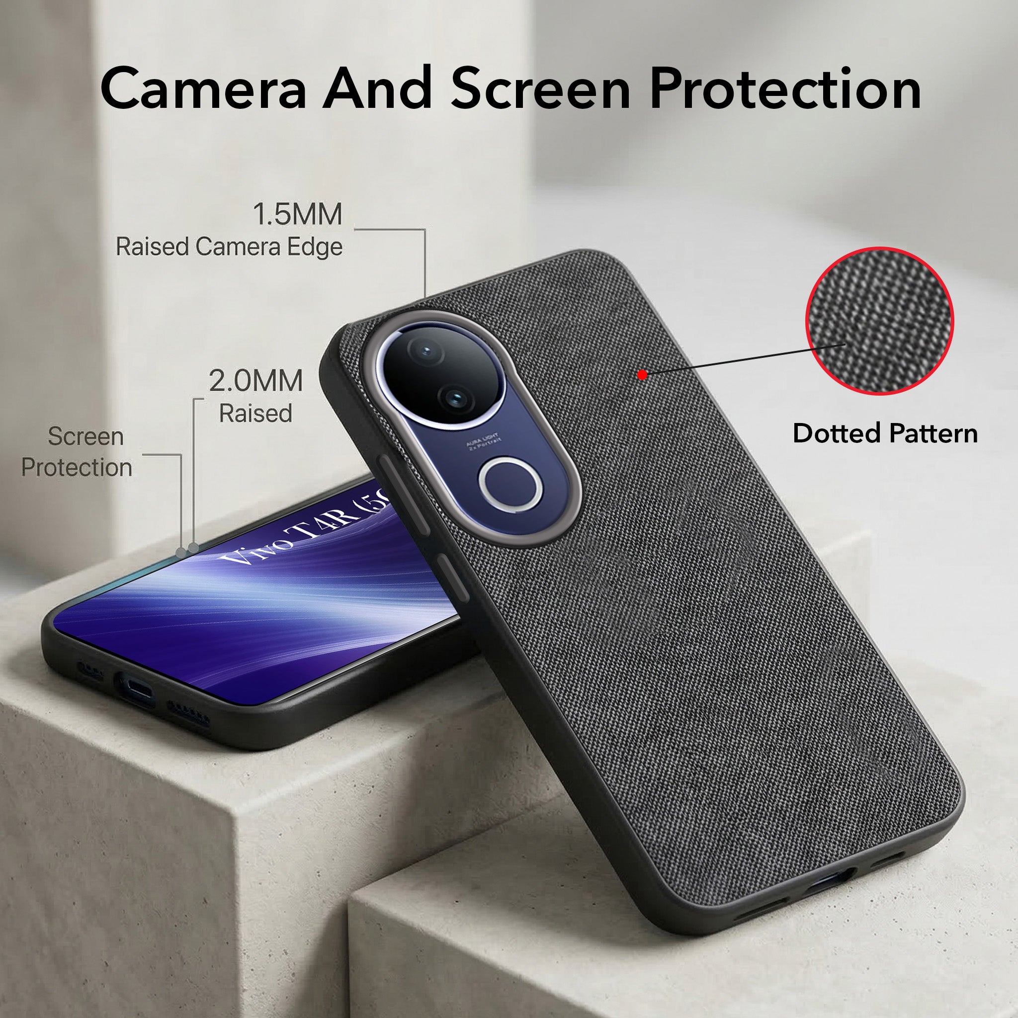 For Vivo T4R Combo with Back Cover and 9H Tempered Glass (Textured Grip Design | Micro-Fiber Cloth Inside | Oleophobic Coating Screen Glass)