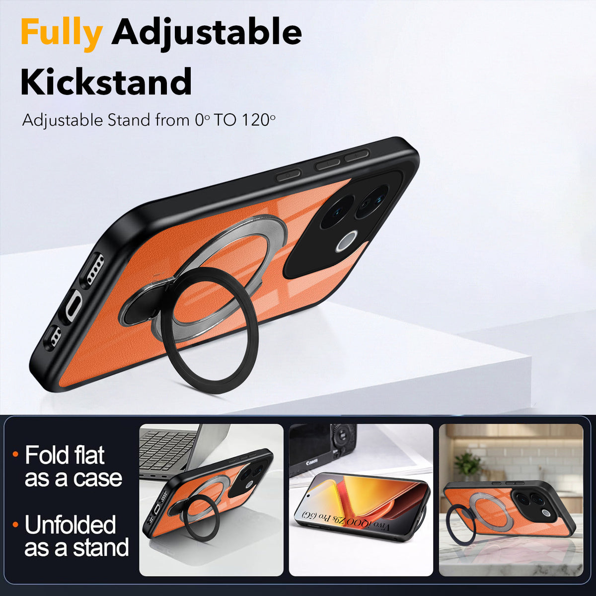 For Vivo iQOO Z9s Pro Back Cover Case (Kick Stand Ring Holder | Life time Anti Yellow | Camera Protection)